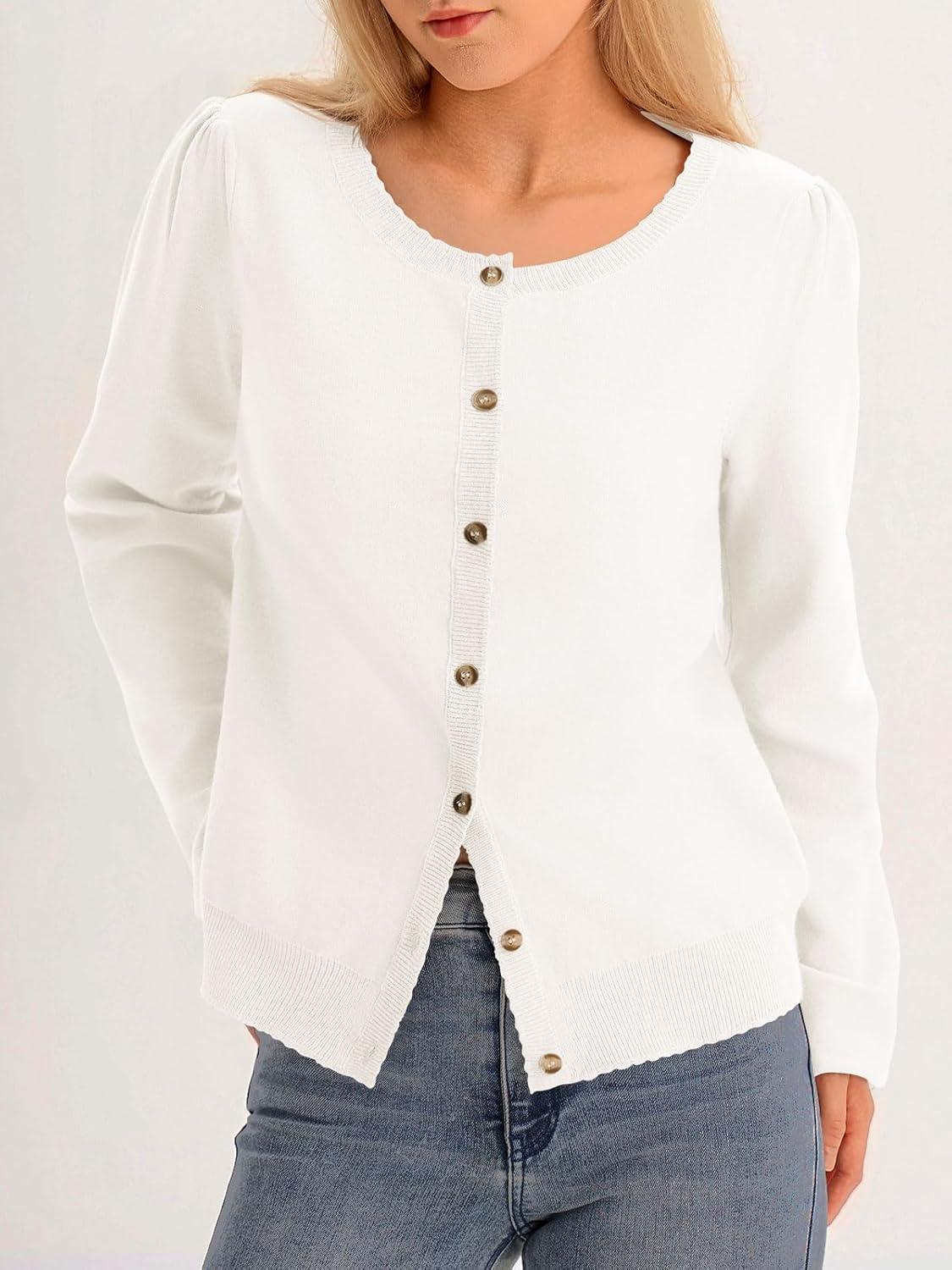 image:imageSaodimallsu Womens Puff Long Sleeve Cardigan Sweaters Fall Button Down Lightweight Knit Crew Neck Sweater ShirtsWhite