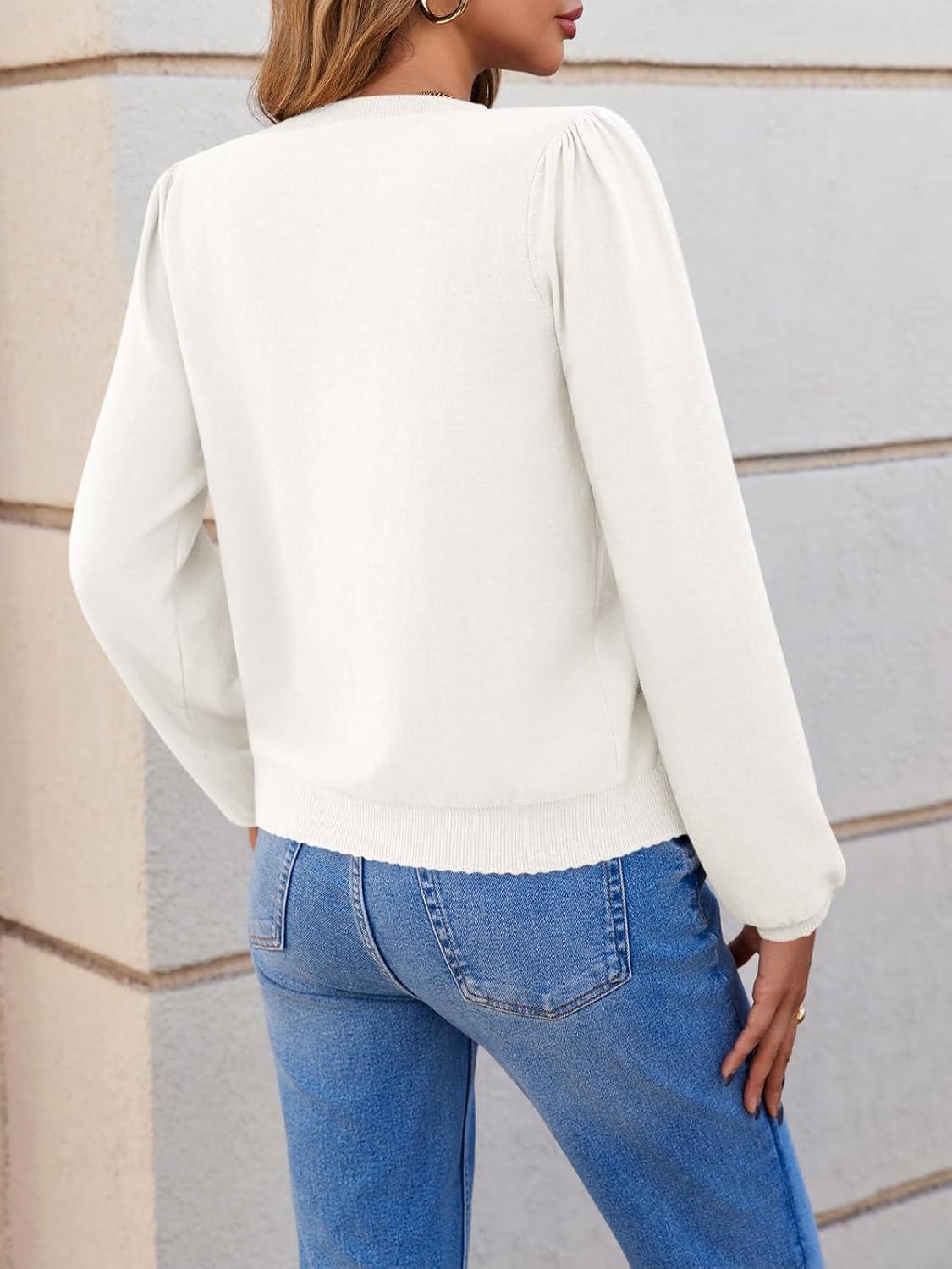 image:imageSaodimallsu Womens Puff Long Sleeve Cardigan Sweaters Fall Button Down Lightweight Knit Crew Neck Sweater ShirtsWhite