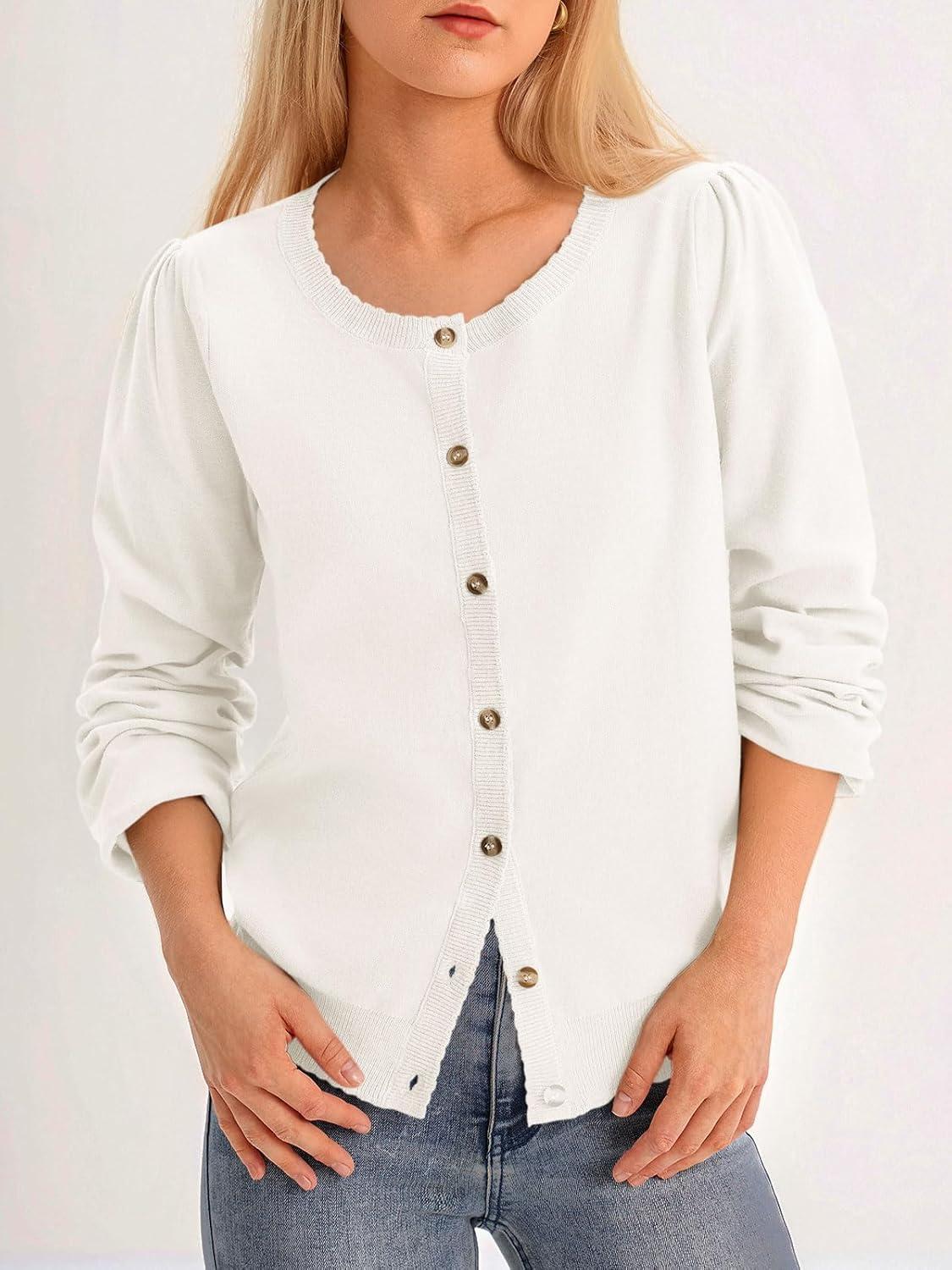 image:imageSaodimallsu Womens Puff Long Sleeve Cardigan Sweaters Fall Button Down Lightweight Knit Crew Neck Sweater ShirtsWhite