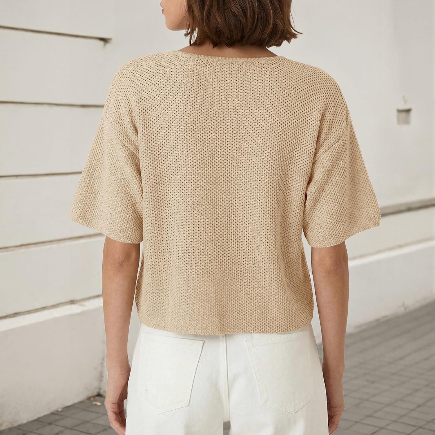 image:imageSaodimallsu Womens Short Sleeve Cardigan Summer Lightweight Button Down Waffle Knit Loose Crew Neck Sweater TopsApricot