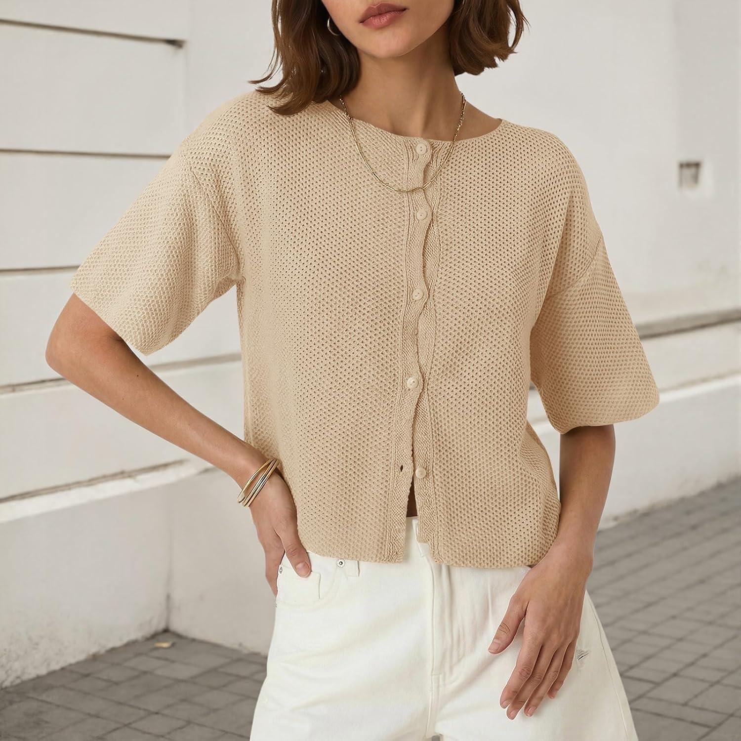image:imageSaodimallsu Womens Short Sleeve Cardigan Summer Lightweight Button Down Waffle Knit Loose Crew Neck Sweater TopsApricot