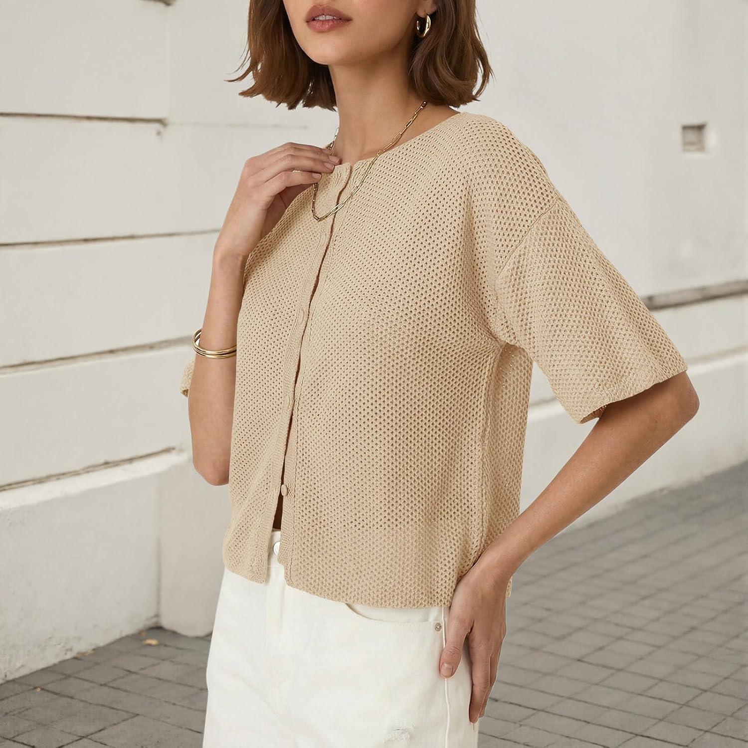 image:imageSaodimallsu Womens Short Sleeve Cardigan Summer Lightweight Button Down Waffle Knit Loose Crew Neck Sweater TopsApricot