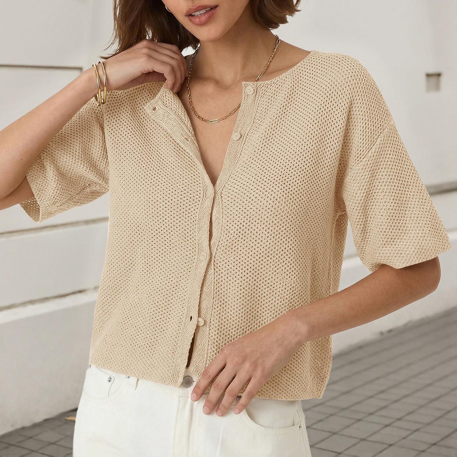 image:imageSaodimallsu Womens Short Sleeve Cardigan Summer Lightweight Button Down Waffle Knit Loose Crew Neck Sweater TopsApricot