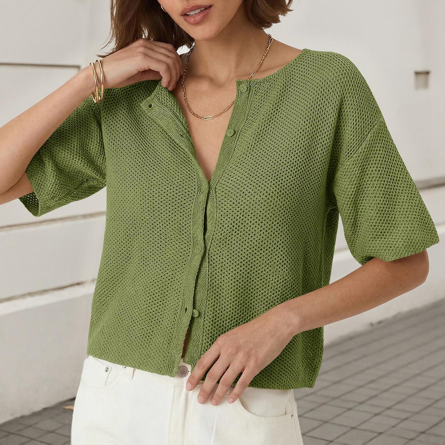 image:imageSaodimallsu Womens Short Sleeve Cardigan Summer Lightweight Button Down Waffle Knit Loose Crew Neck Sweater TopsArmy Green