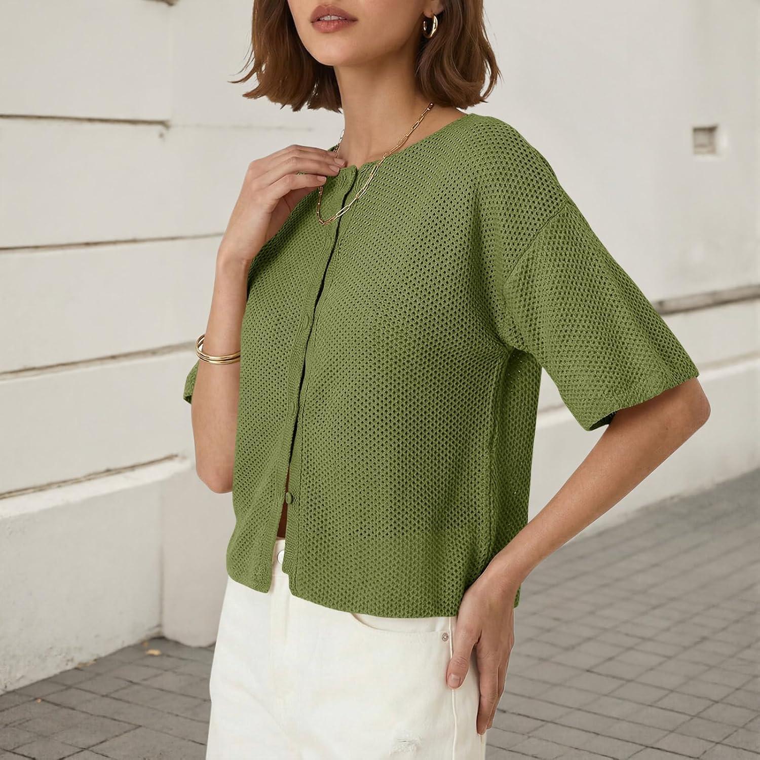 image:imageSaodimallsu Womens Short Sleeve Cardigan Summer Lightweight Button Down Waffle Knit Loose Crew Neck Sweater TopsArmy Green