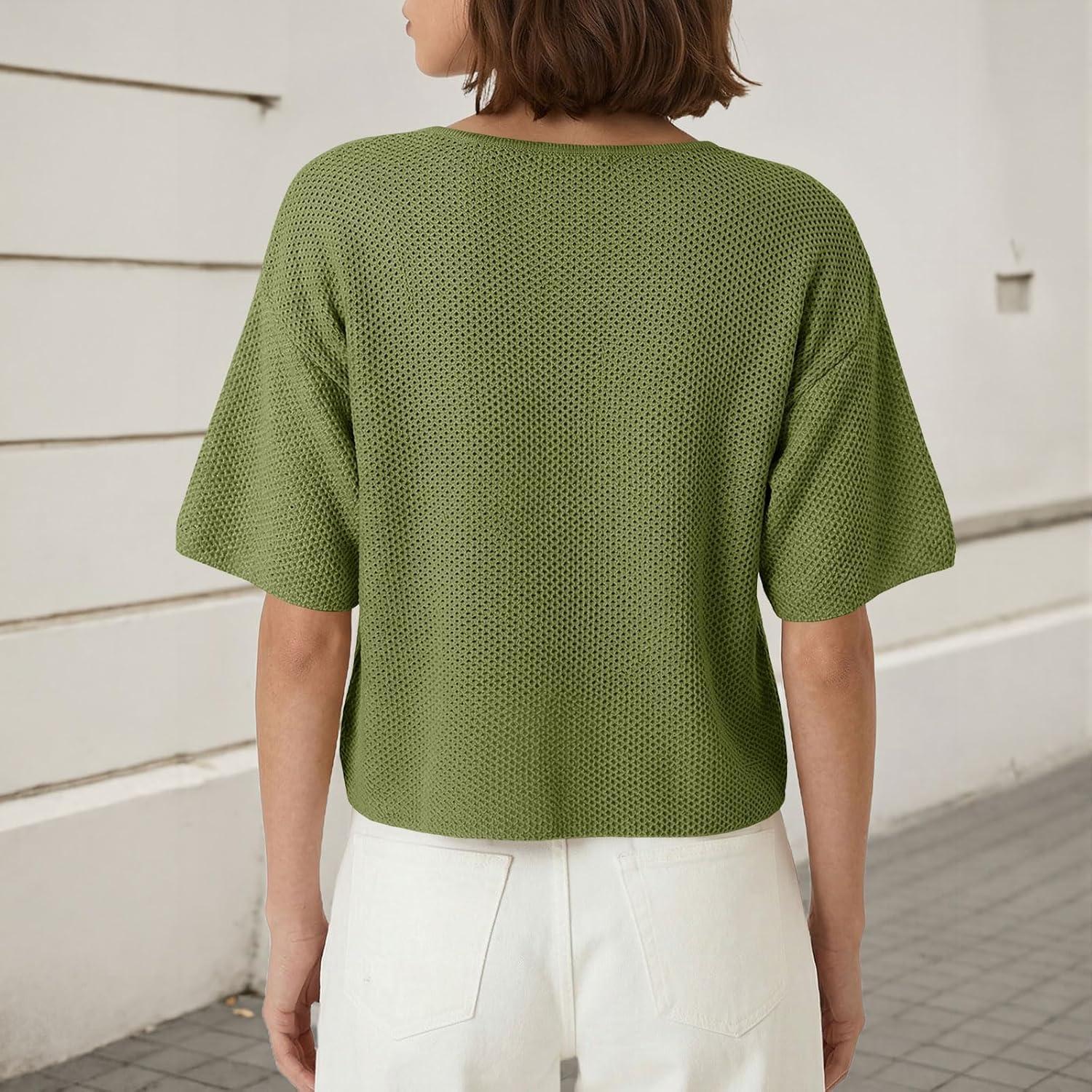 image:imageSaodimallsu Womens Short Sleeve Cardigan Summer Lightweight Button Down Waffle Knit Loose Crew Neck Sweater TopsArmy Green