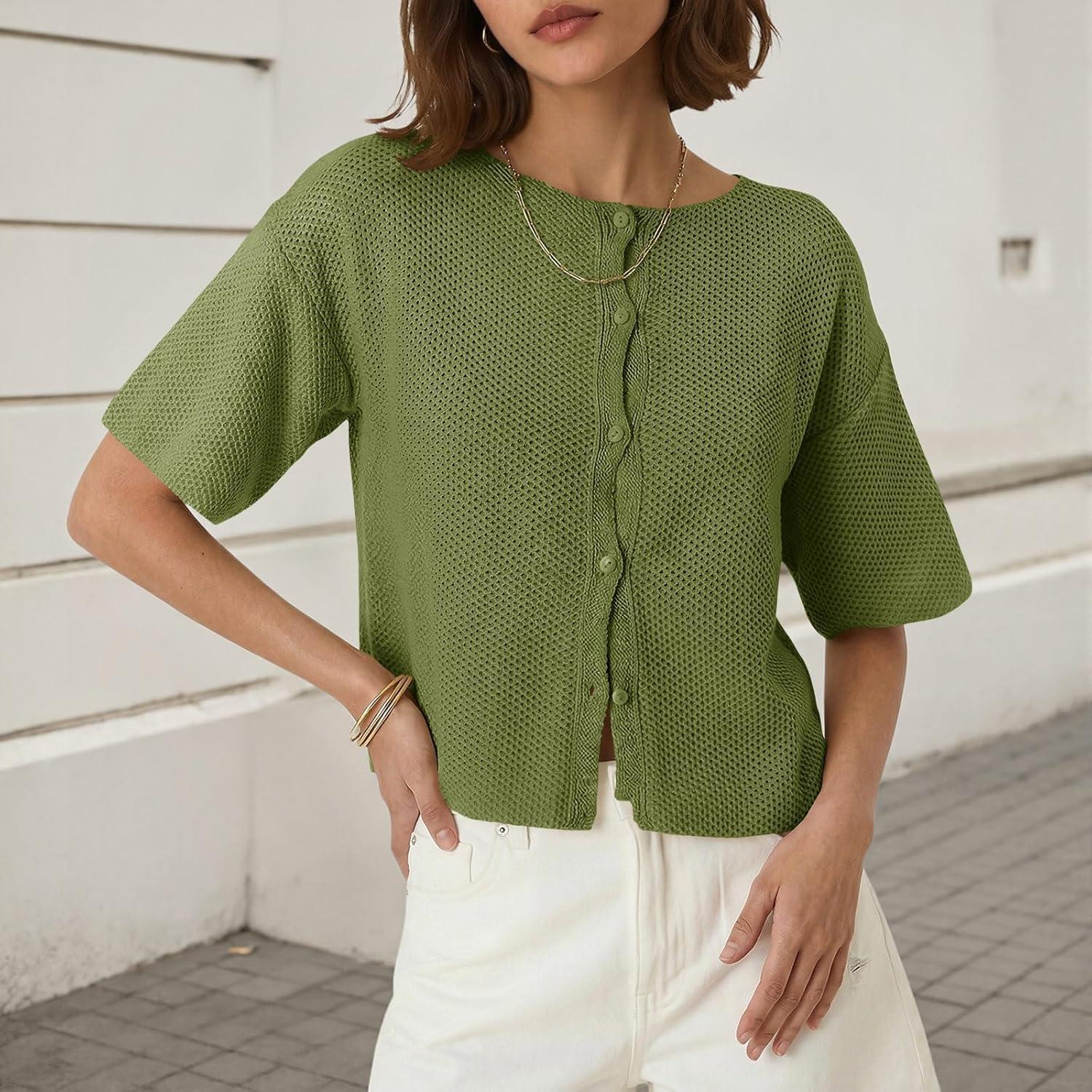 image:imageSaodimallsu Womens Short Sleeve Cardigan Summer Lightweight Button Down Waffle Knit Loose Crew Neck Sweater TopsArmy Green
