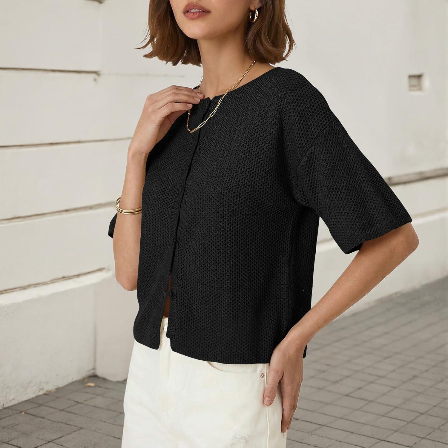image:imageSaodimallsu Womens Short Sleeve Cardigan Summer Lightweight Button Down Waffle Knit Loose Crew Neck Sweater TopsBlack