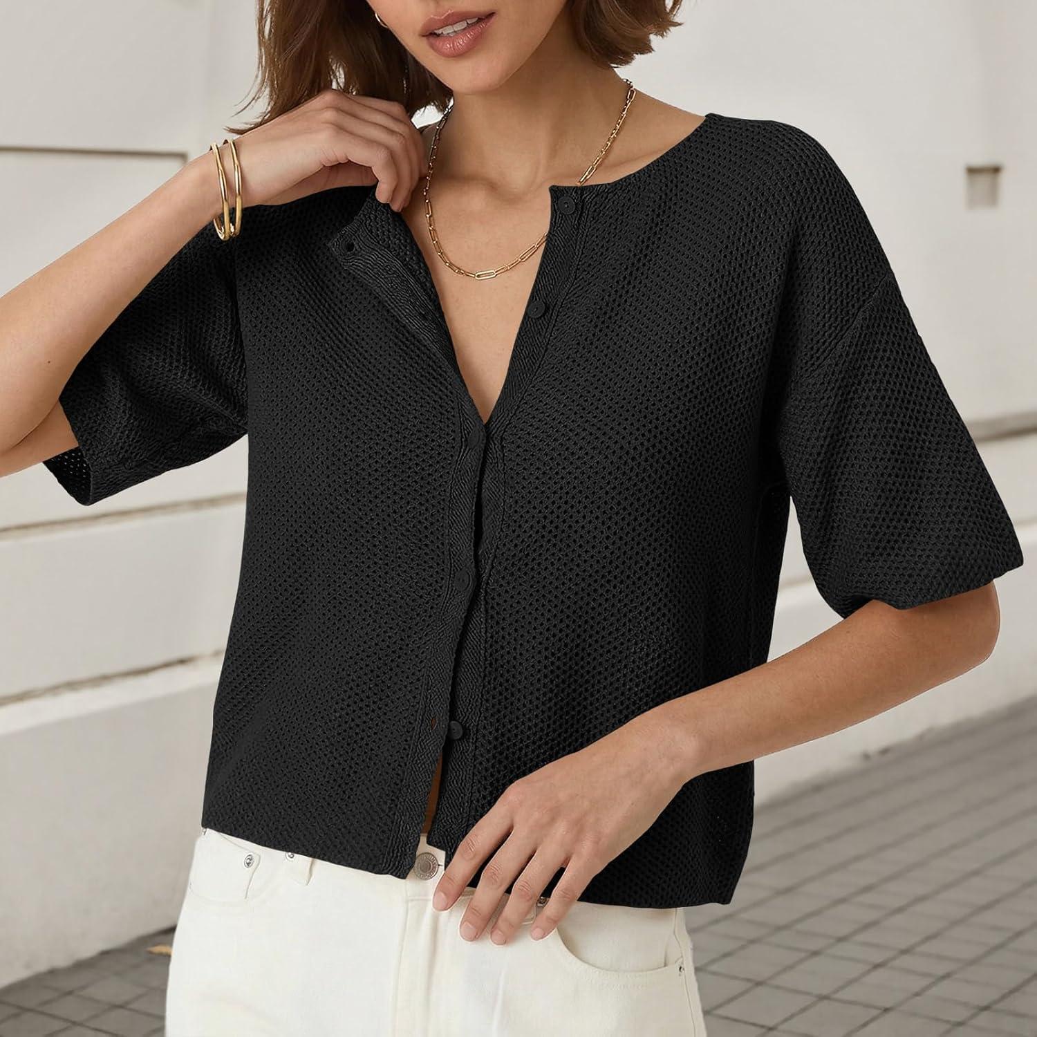 image:imageSaodimallsu Womens Short Sleeve Cardigan Summer Lightweight Button Down Waffle Knit Loose Crew Neck Sweater TopsBlack