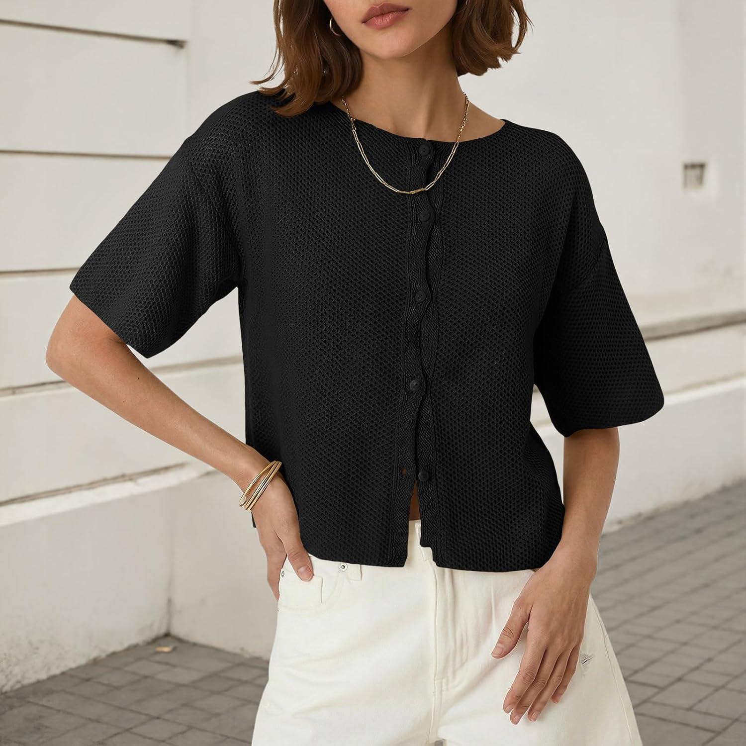 image:imageSaodimallsu Womens Short Sleeve Cardigan Summer Lightweight Button Down Waffle Knit Loose Crew Neck Sweater TopsBlack