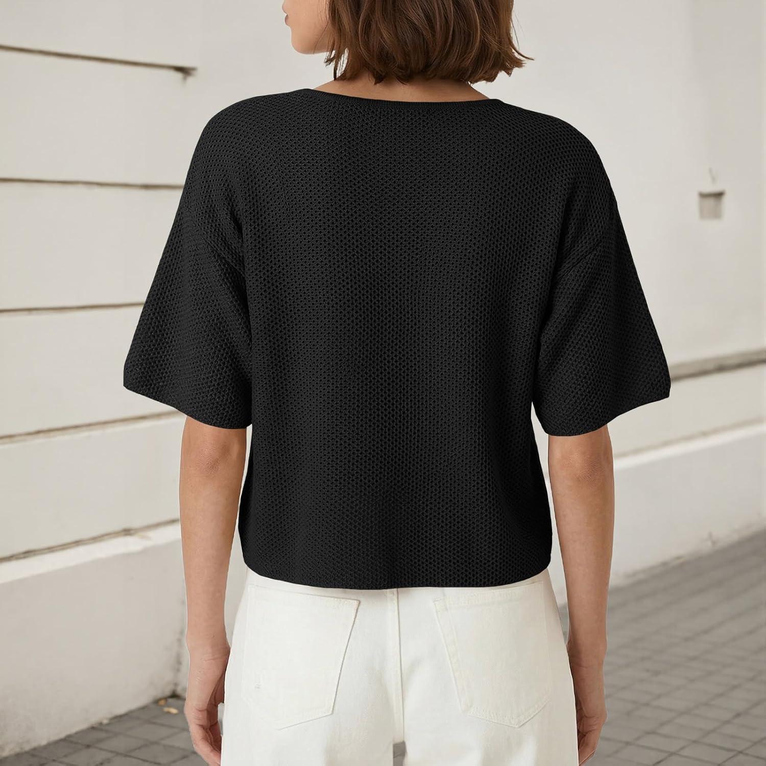 image:imageSaodimallsu Womens Short Sleeve Cardigan Summer Lightweight Button Down Waffle Knit Loose Crew Neck Sweater TopsBlack