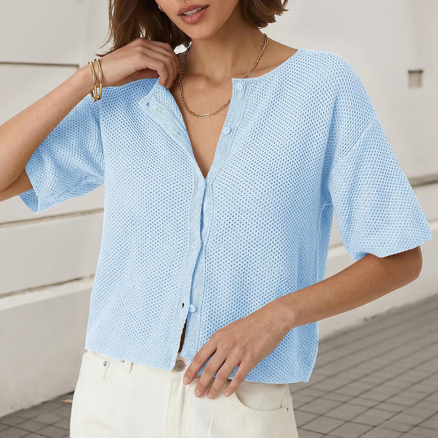 image:imageSaodimallsu Womens Short Sleeve Cardigan Summer Lightweight Button Down Waffle Knit Loose Crew Neck Sweater TopsBlue