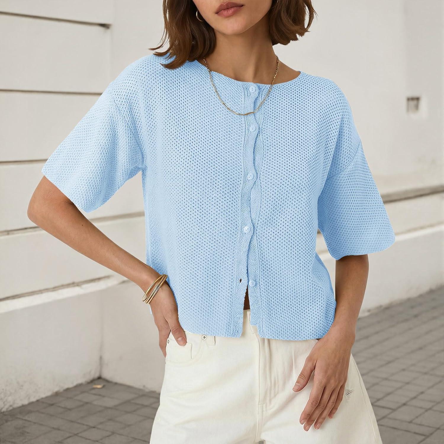 image:imageSaodimallsu Womens Short Sleeve Cardigan Summer Lightweight Button Down Waffle Knit Loose Crew Neck Sweater TopsBlue