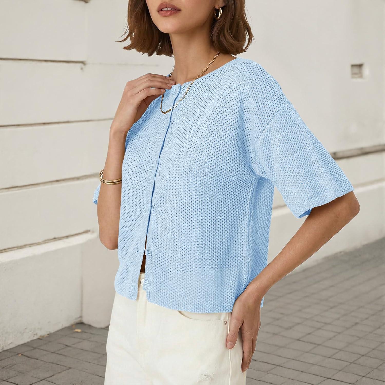 image:imageSaodimallsu Womens Short Sleeve Cardigan Summer Lightweight Button Down Waffle Knit Loose Crew Neck Sweater TopsBlue