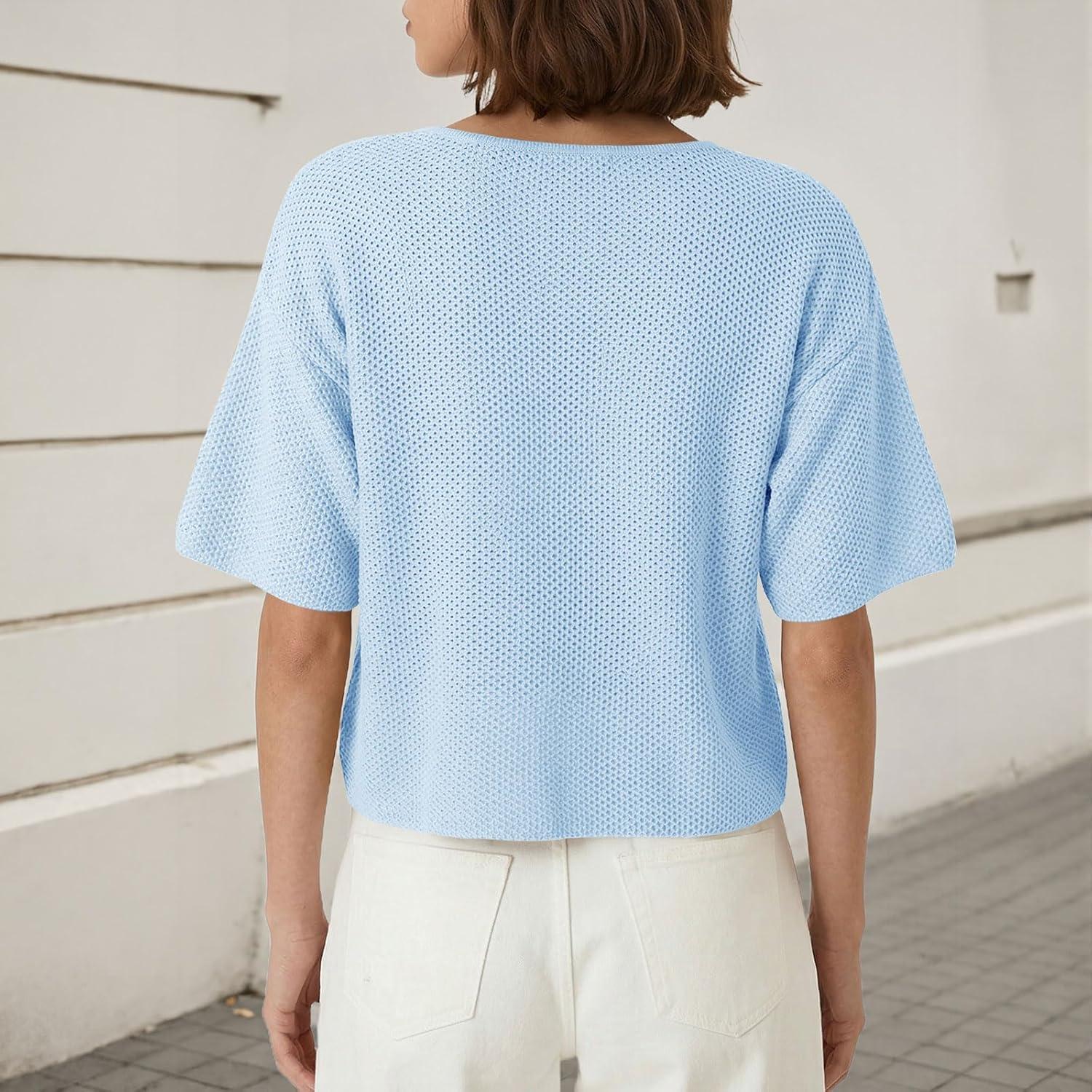 image:imageSaodimallsu Womens Short Sleeve Cardigan Summer Lightweight Button Down Waffle Knit Loose Crew Neck Sweater TopsBlue