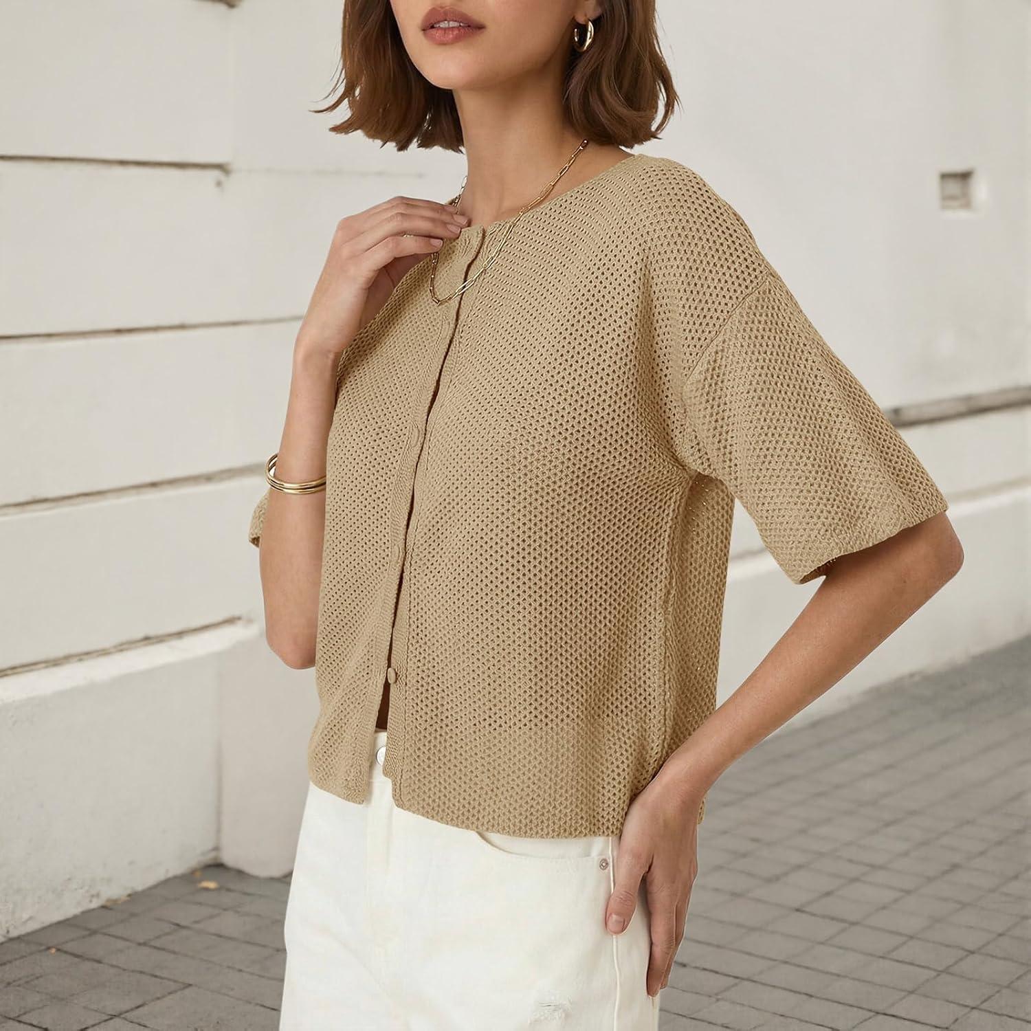 image:imageSaodimallsu Womens Short Sleeve Cardigan Summer Lightweight Button Down Waffle Knit Loose Crew Neck Sweater TopsKhaki