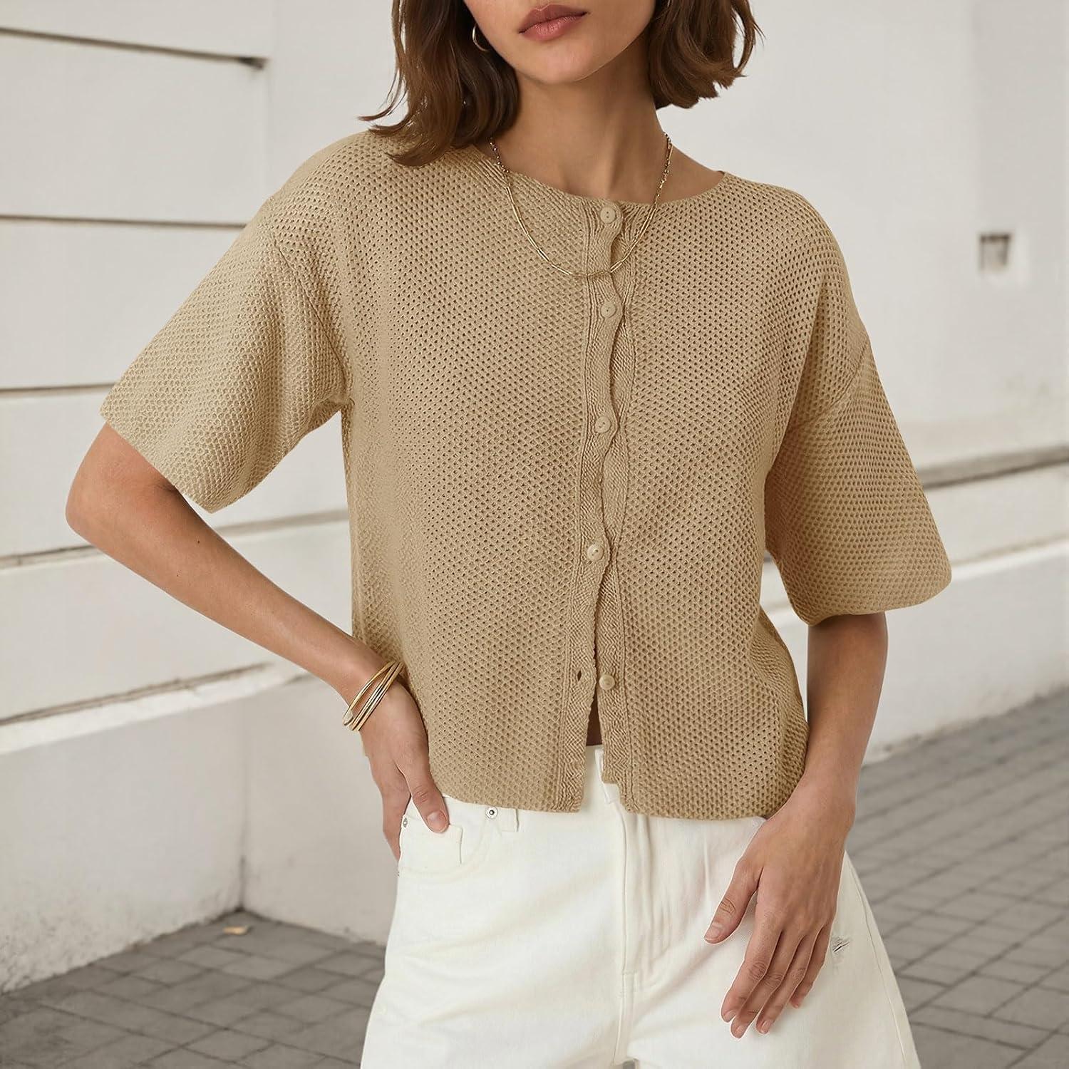image:imageSaodimallsu Womens Short Sleeve Cardigan Summer Lightweight Button Down Waffle Knit Loose Crew Neck Sweater TopsKhaki