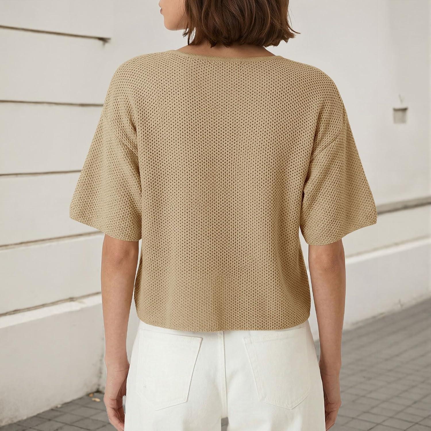 image:imageSaodimallsu Womens Short Sleeve Cardigan Summer Lightweight Button Down Waffle Knit Loose Crew Neck Sweater TopsKhaki