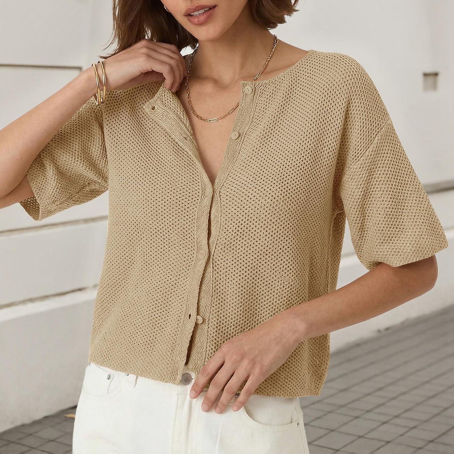 image:imageSaodimallsu Womens Short Sleeve Cardigan Summer Lightweight Button Down Waffle Knit Loose Crew Neck Sweater TopsKhaki