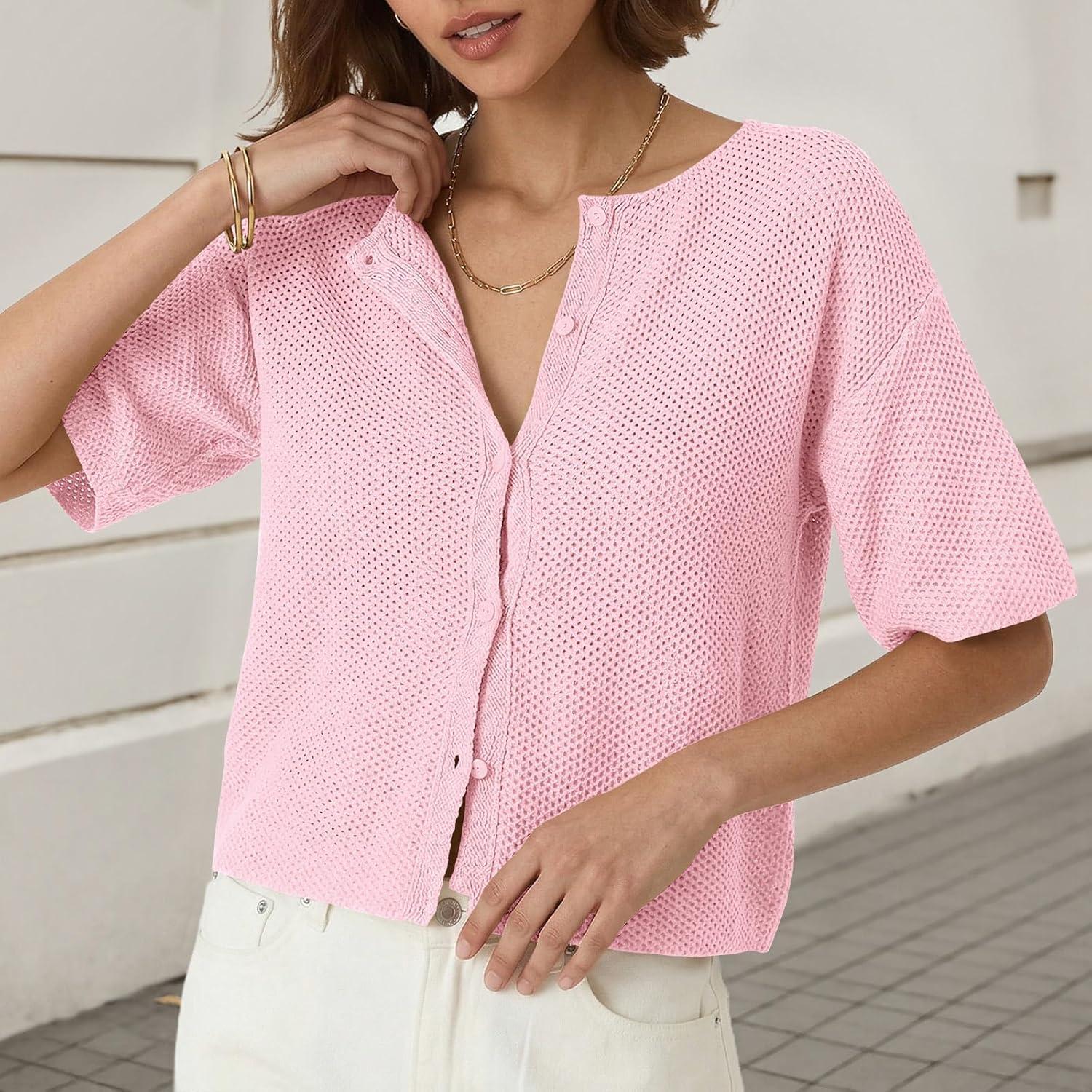 image:imageSaodimallsu Womens Short Sleeve Cardigan Summer Lightweight Button Down Waffle Knit Loose Crew Neck Sweater TopsPink