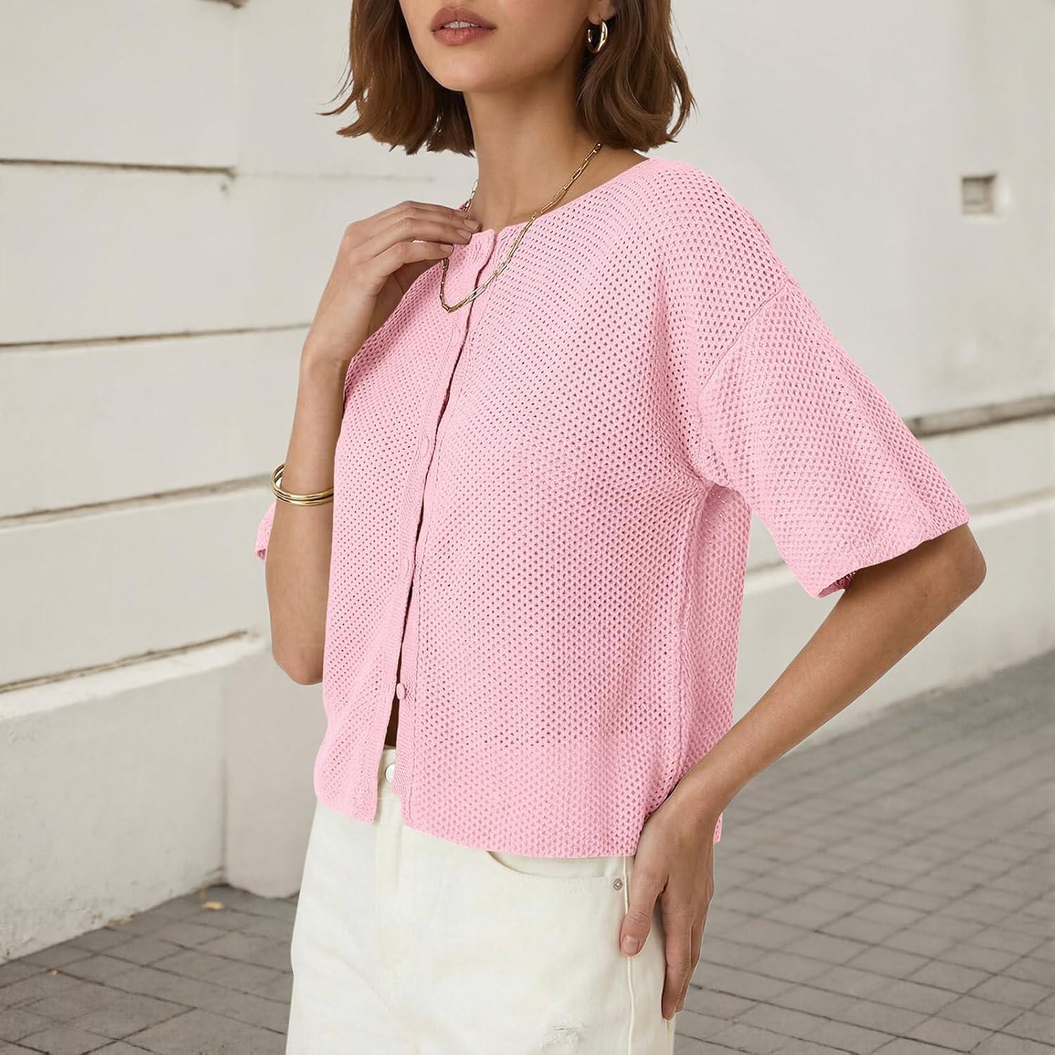 image:imageSaodimallsu Womens Short Sleeve Cardigan Summer Lightweight Button Down Waffle Knit Loose Crew Neck Sweater TopsPink