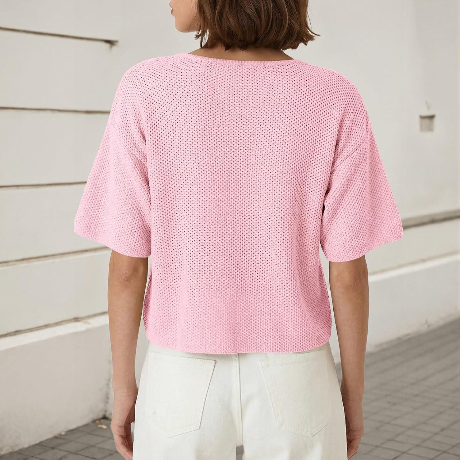 image:imageSaodimallsu Womens Short Sleeve Cardigan Summer Lightweight Button Down Waffle Knit Loose Crew Neck Sweater TopsPink
