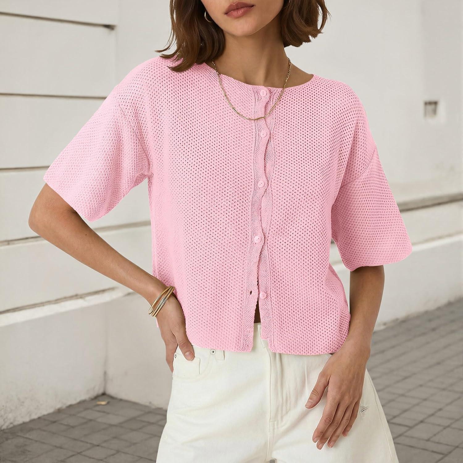 image:imageSaodimallsu Womens Short Sleeve Cardigan Summer Lightweight Button Down Waffle Knit Loose Crew Neck Sweater TopsPink
