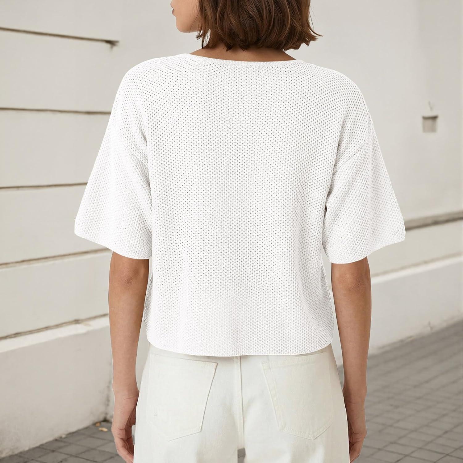 image:imageSaodimallsu Womens Short Sleeve Cardigan Summer Lightweight Button Down Waffle Knit Loose Crew Neck Sweater TopsWhite
