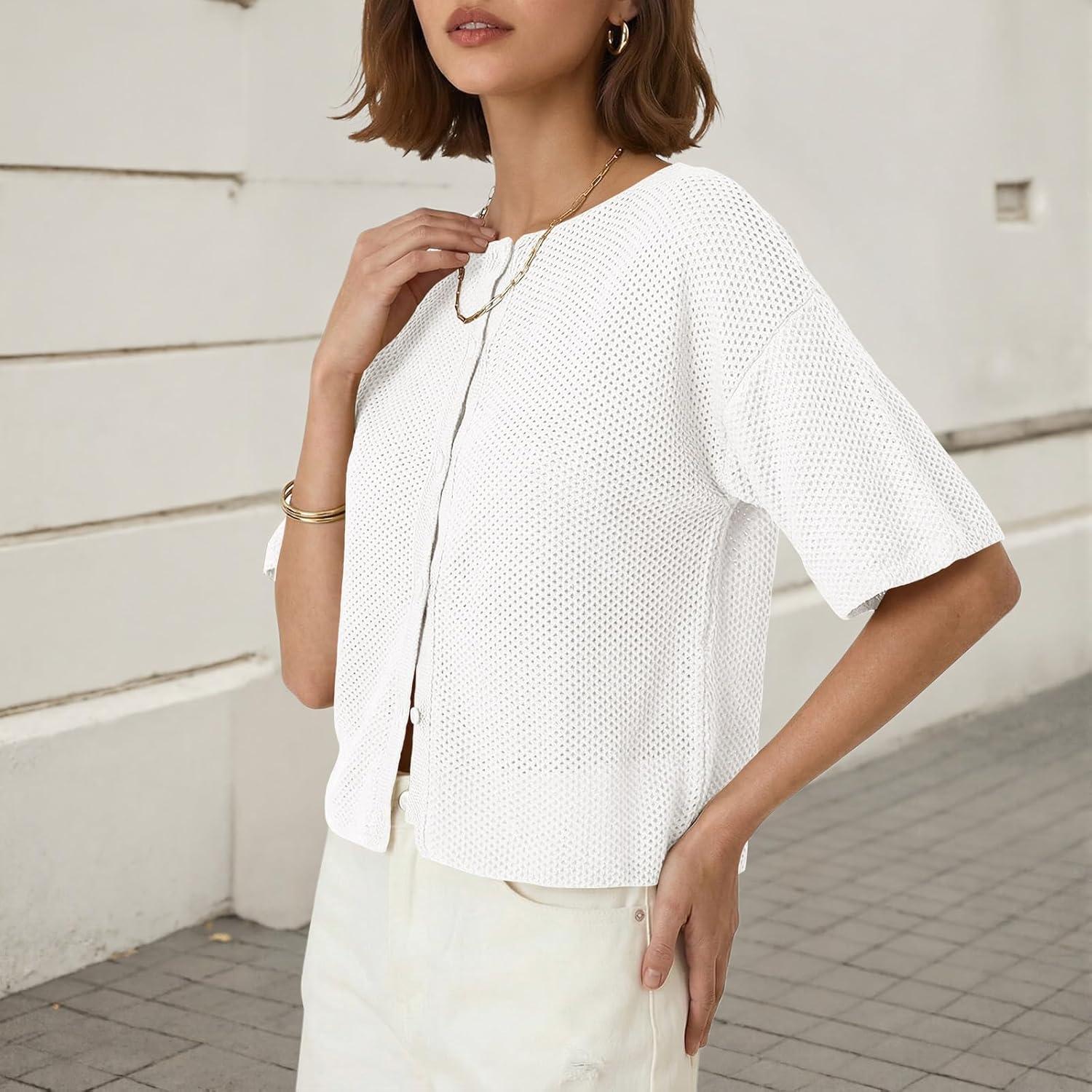 image:imageSaodimallsu Womens Short Sleeve Cardigan Summer Lightweight Button Down Waffle Knit Loose Crew Neck Sweater TopsWhite