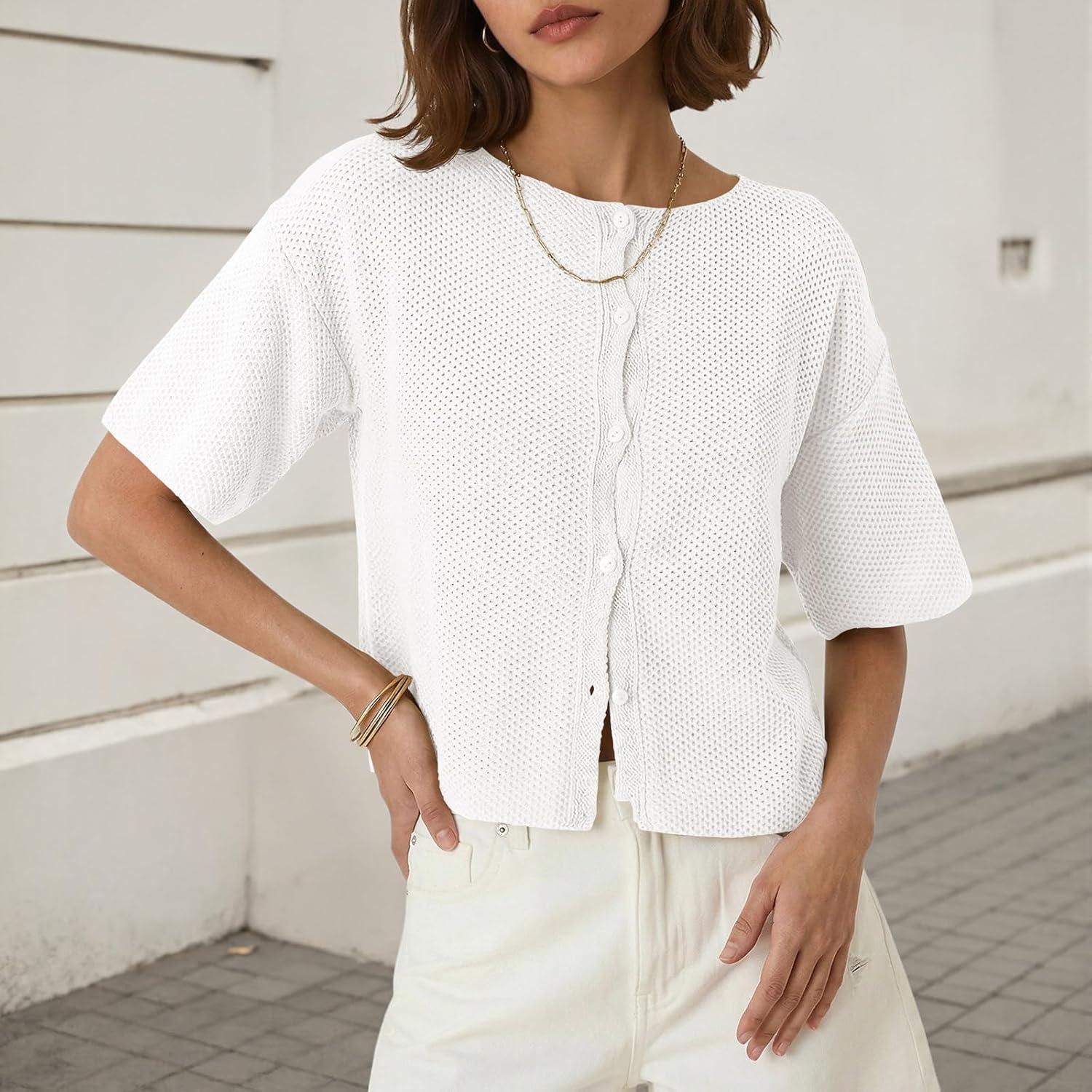image:imageSaodimallsu Womens Short Sleeve Cardigan Summer Lightweight Button Down Waffle Knit Loose Crew Neck Sweater TopsWhite