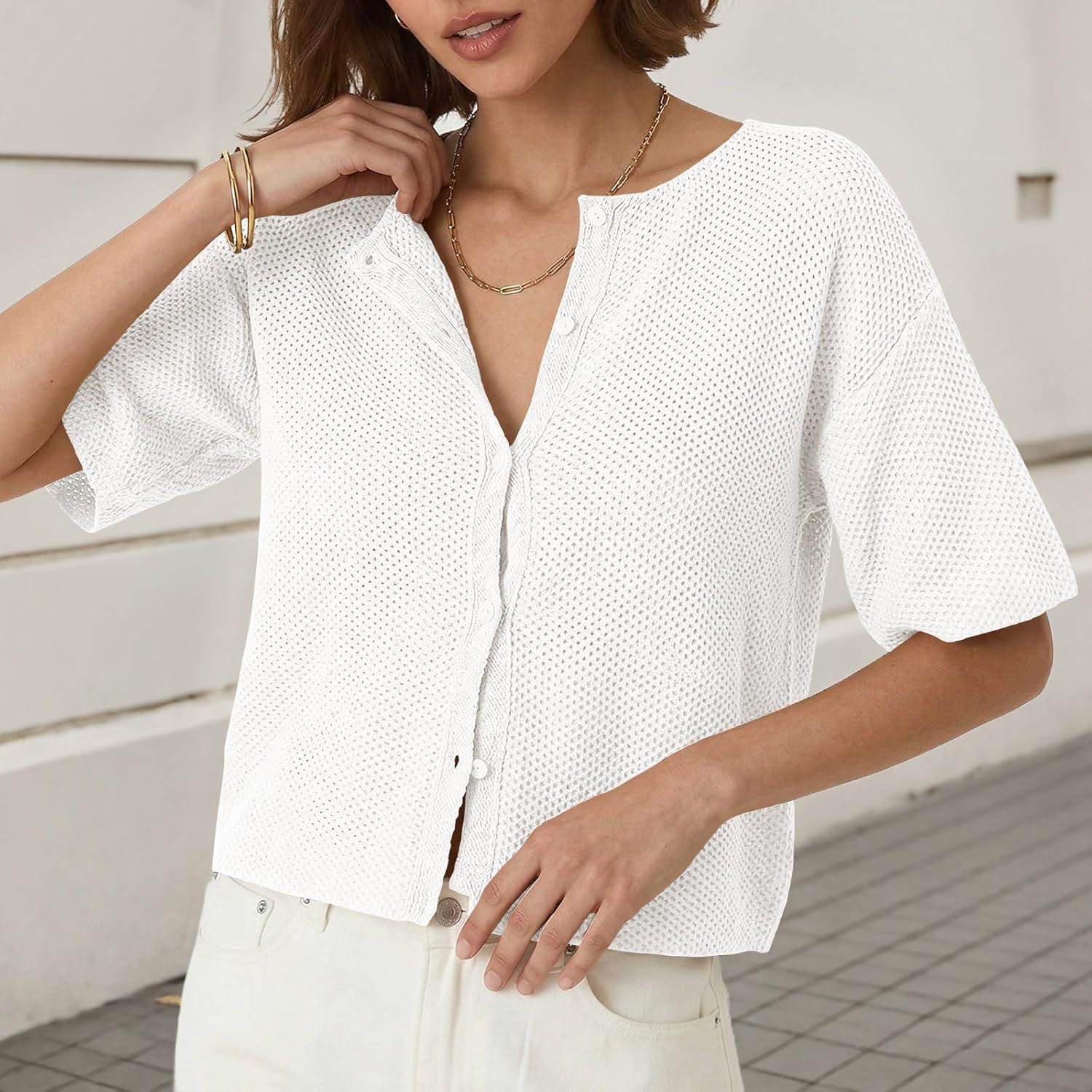 image:imageSaodimallsu Womens Short Sleeve Cardigan Summer Lightweight Button Down Waffle Knit Loose Crew Neck Sweater TopsWhite