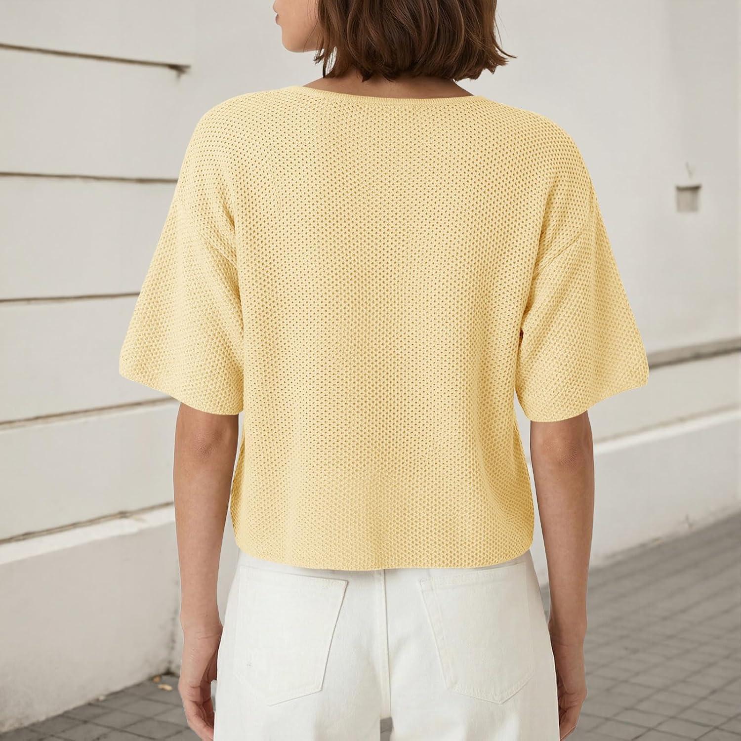 image:imageSaodimallsu Womens Short Sleeve Cardigan Summer Lightweight Button Down Waffle Knit Loose Crew Neck Sweater TopsYellow