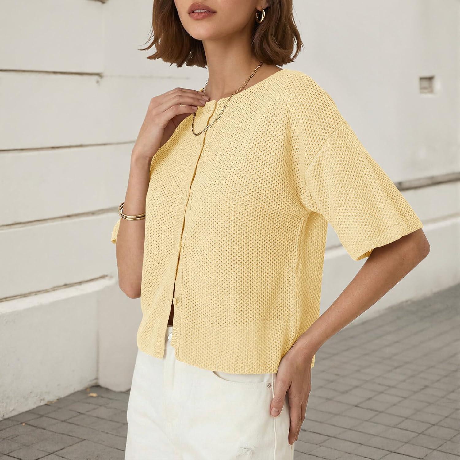 image:imageSaodimallsu Womens Short Sleeve Cardigan Summer Lightweight Button Down Waffle Knit Loose Crew Neck Sweater TopsYellow