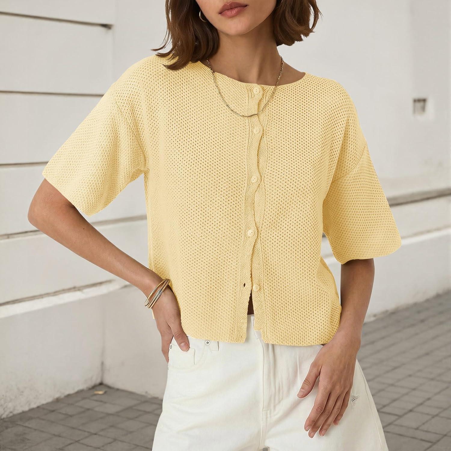 image:imageSaodimallsu Womens Short Sleeve Cardigan Summer Lightweight Button Down Waffle Knit Loose Crew Neck Sweater TopsYellow