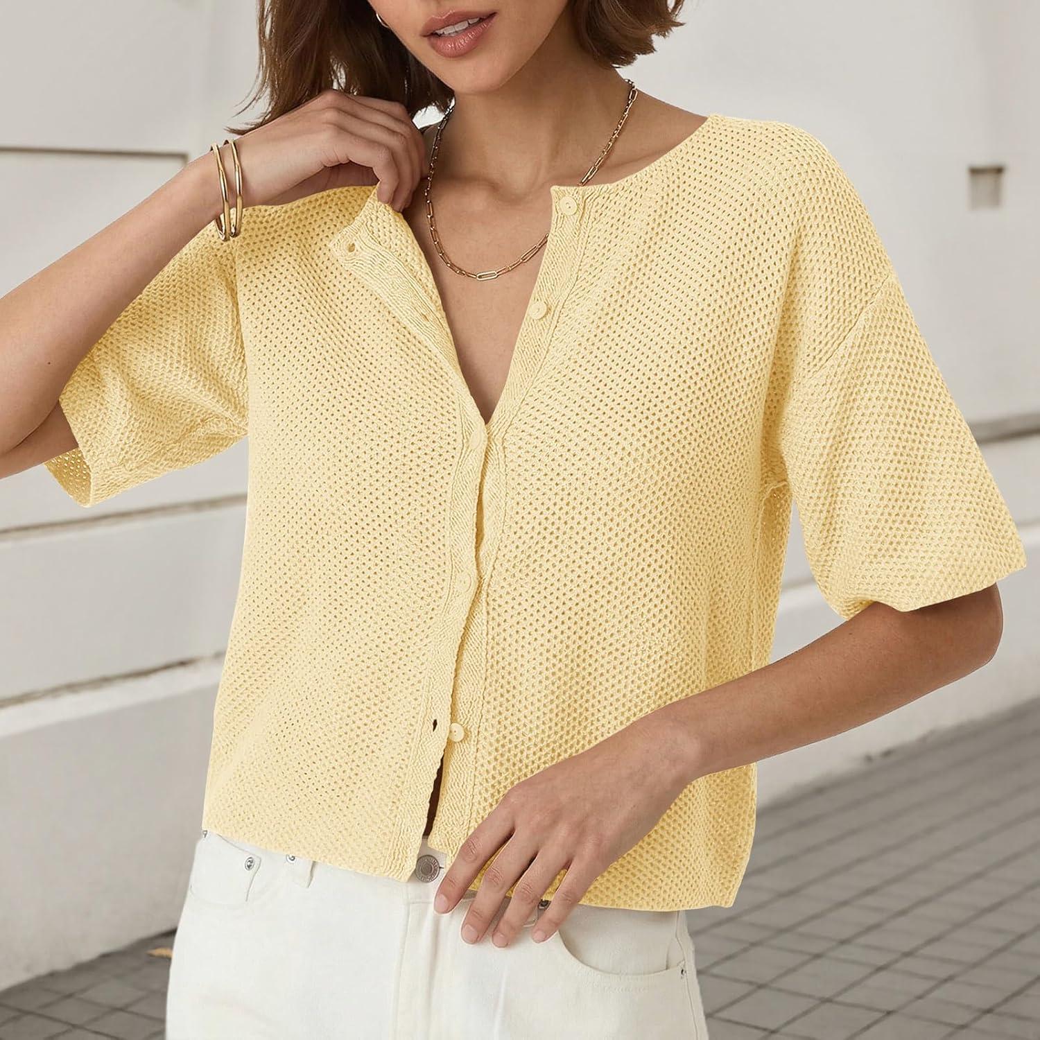image:imageSaodimallsu Womens Short Sleeve Cardigan Summer Lightweight Button Down Waffle Knit Loose Crew Neck Sweater TopsYellow