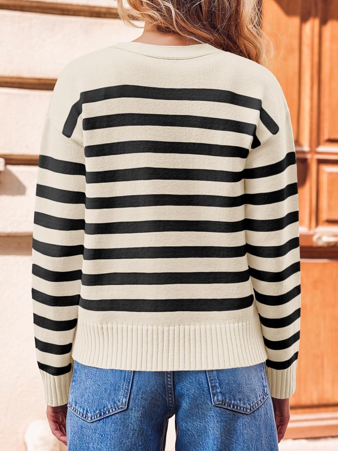 image:imageSaodimallsu Womens Striped Cardigan Sweaters V Neck Button Down Long Sleeve Open Front Ribbed Knit OuterwearBeige