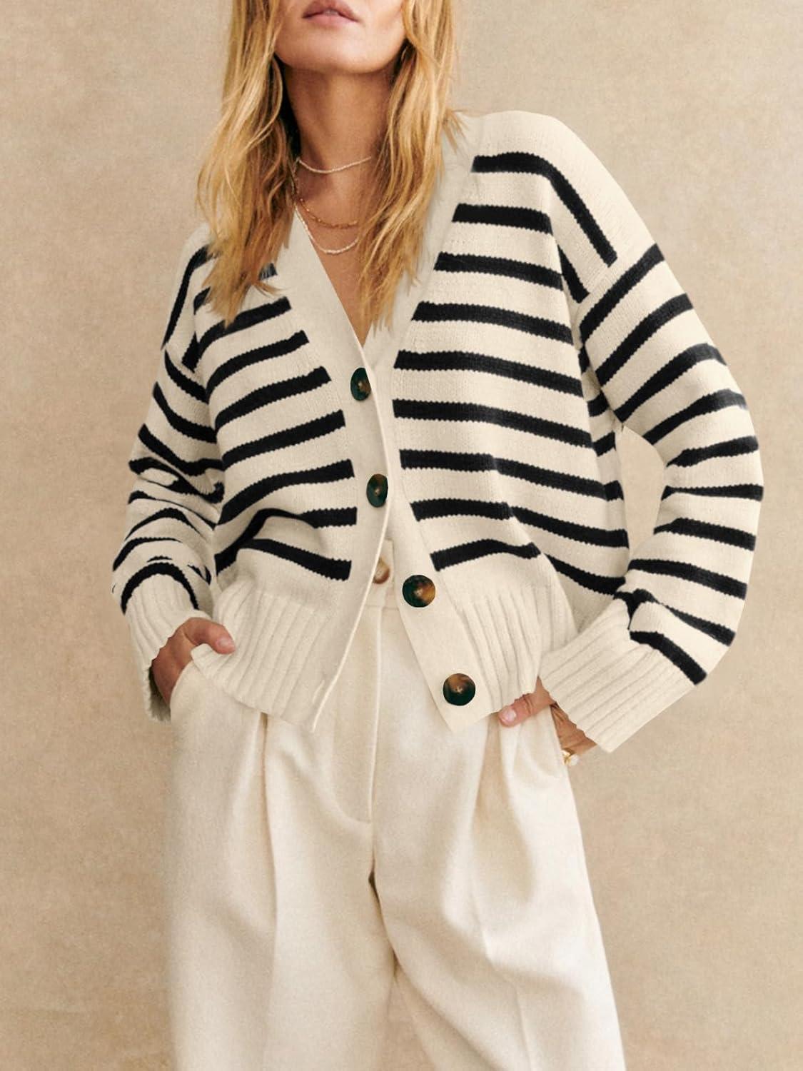 image:imageSaodimallsu Womens Striped Cardigan Sweaters V Neck Button Down Long Sleeve Open Front Ribbed Knit OuterwearBeige
