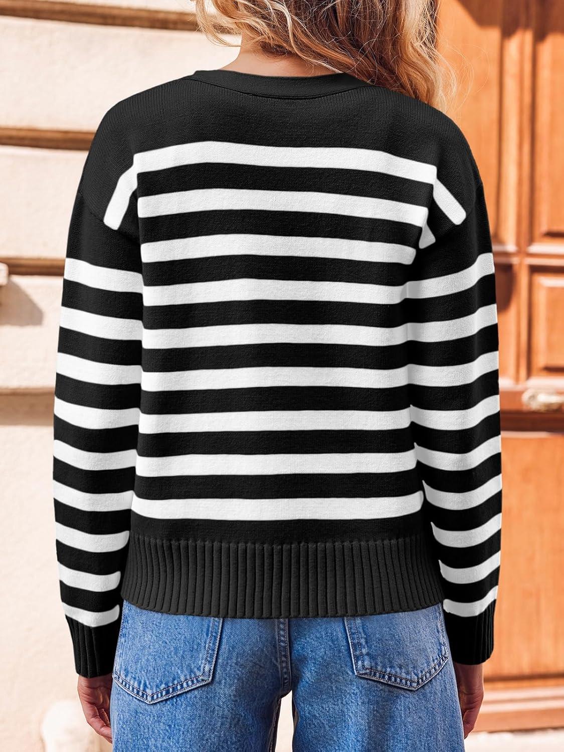 image:imageSaodimallsu Womens Striped Cardigan Sweaters V Neck Button Down Long Sleeve Open Front Ribbed Knit OuterwearBlack