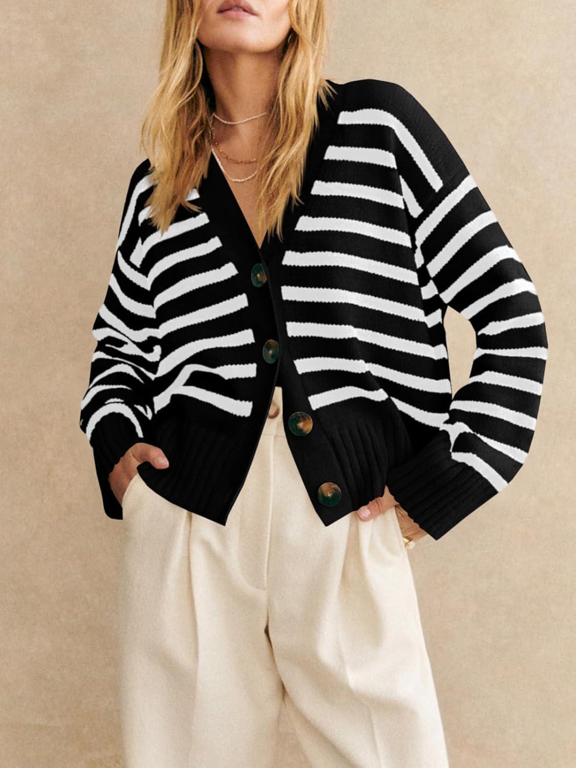 image:imageSaodimallsu Womens Striped Cardigan Sweaters V Neck Button Down Long Sleeve Open Front Ribbed Knit OuterwearBlack