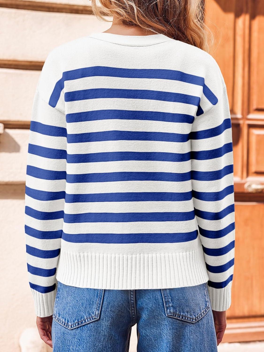 image:imageSaodimallsu Womens Striped Cardigan Sweaters V Neck Button Down Long Sleeve Open Front Ribbed Knit OuterwearBlue