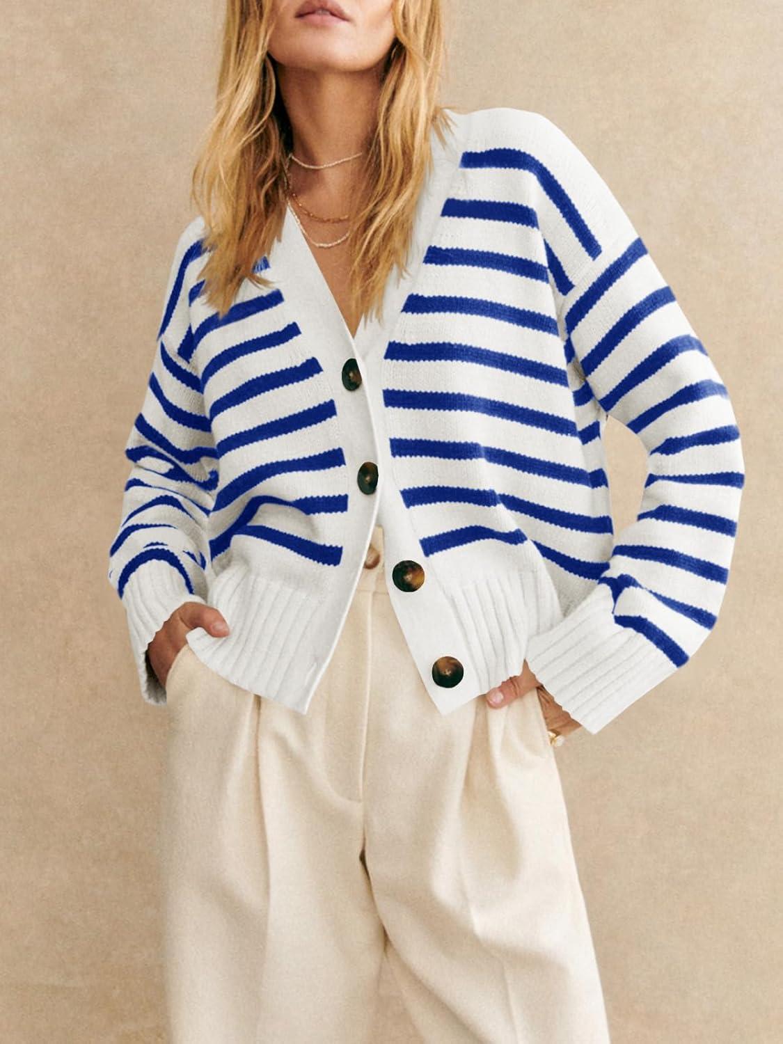 image:imageSaodimallsu Womens Striped Cardigan Sweaters V Neck Button Down Long Sleeve Open Front Ribbed Knit OuterwearBlue