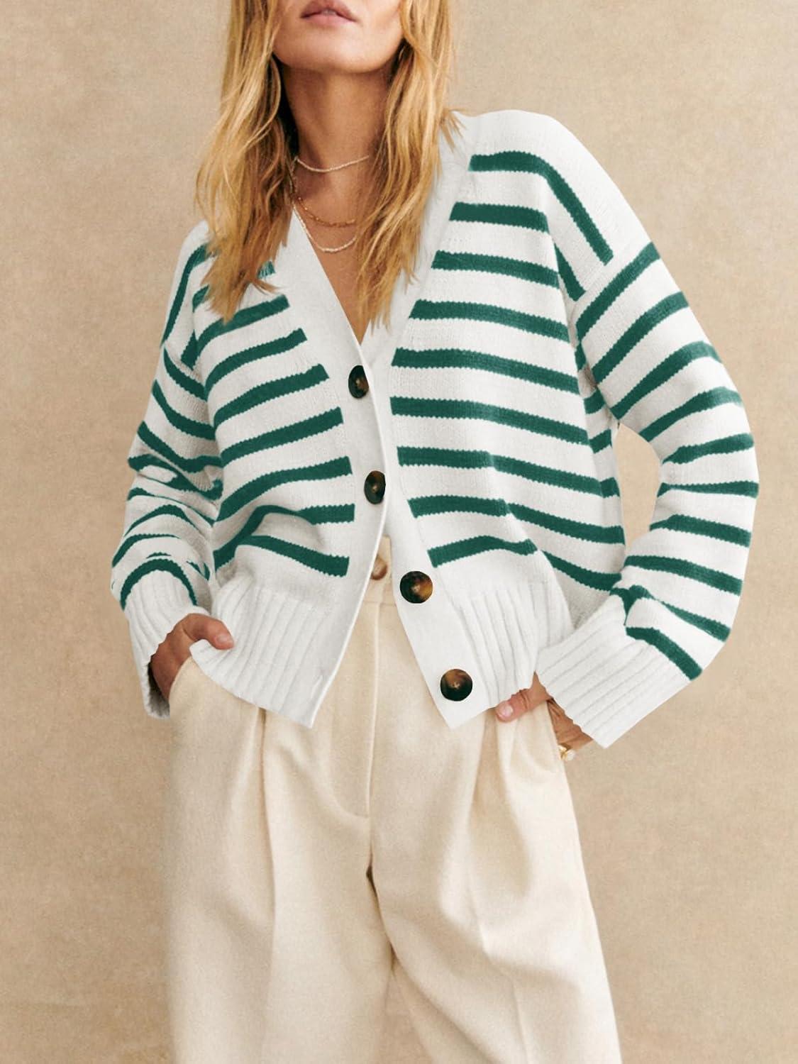 image:imageSaodimallsu Womens Striped Cardigan Sweaters V Neck Button Down Long Sleeve Open Front Ribbed Knit OuterwearGreen