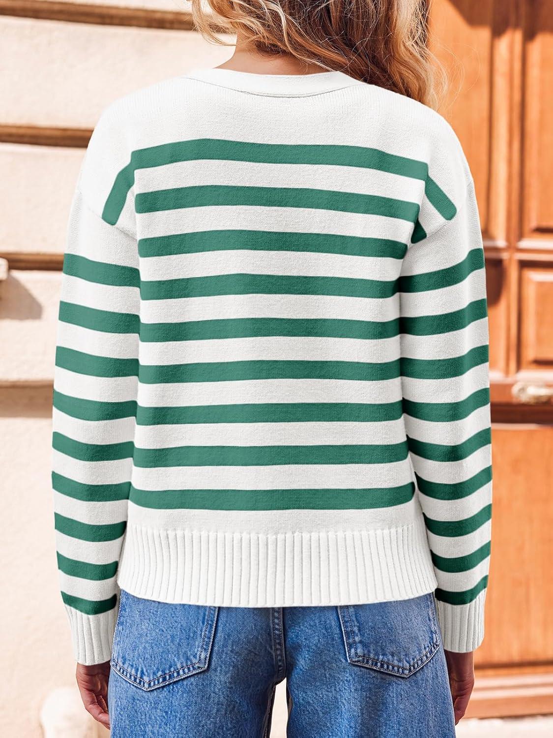 image:imageSaodimallsu Womens Striped Cardigan Sweaters V Neck Button Down Long Sleeve Open Front Ribbed Knit OuterwearGreen