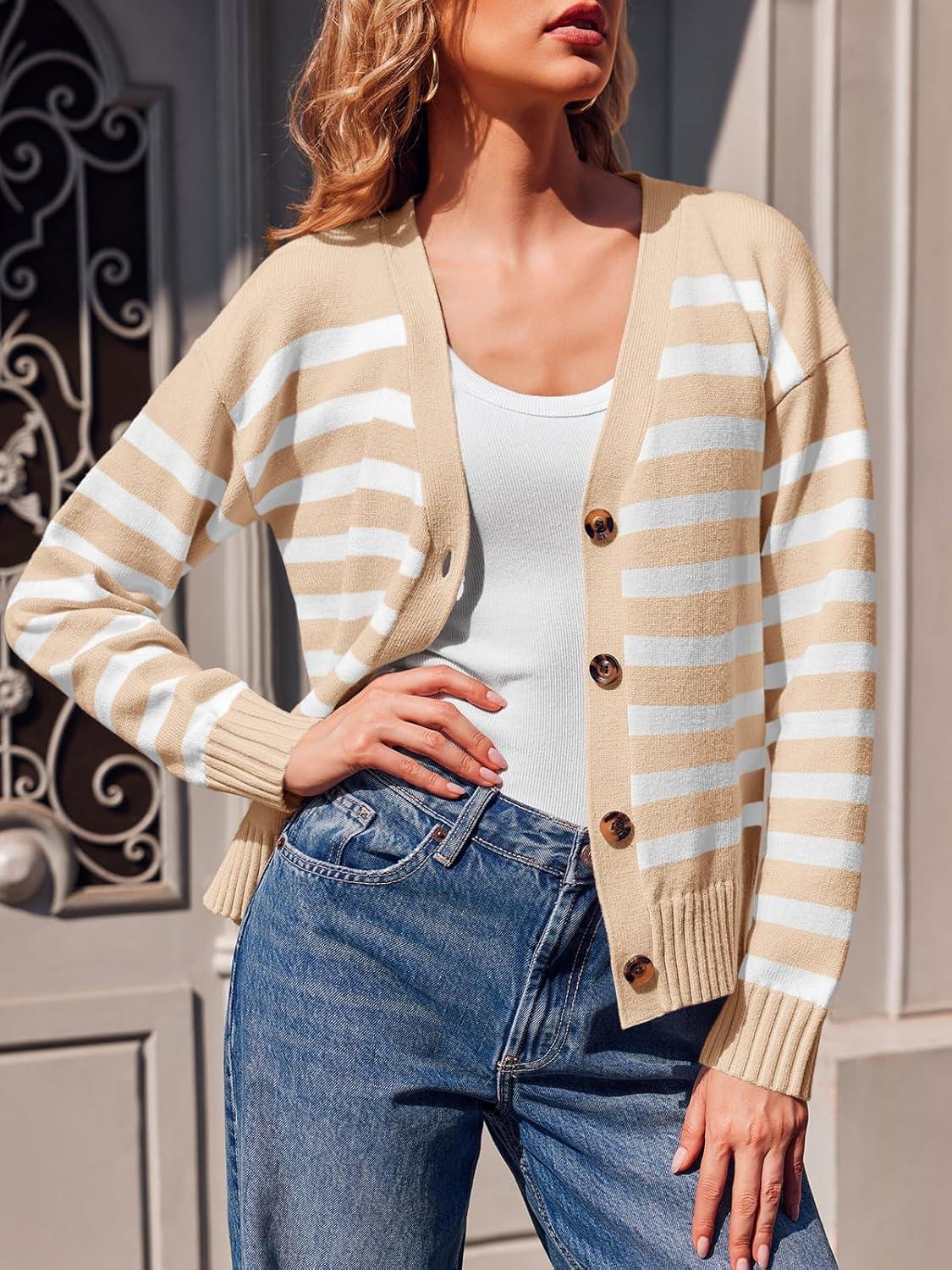 image:imageSaodimallsu Womens Striped Cardigan Sweaters V Neck Button Down Long Sleeve Open Front Ribbed Knit OuterwearKhaki