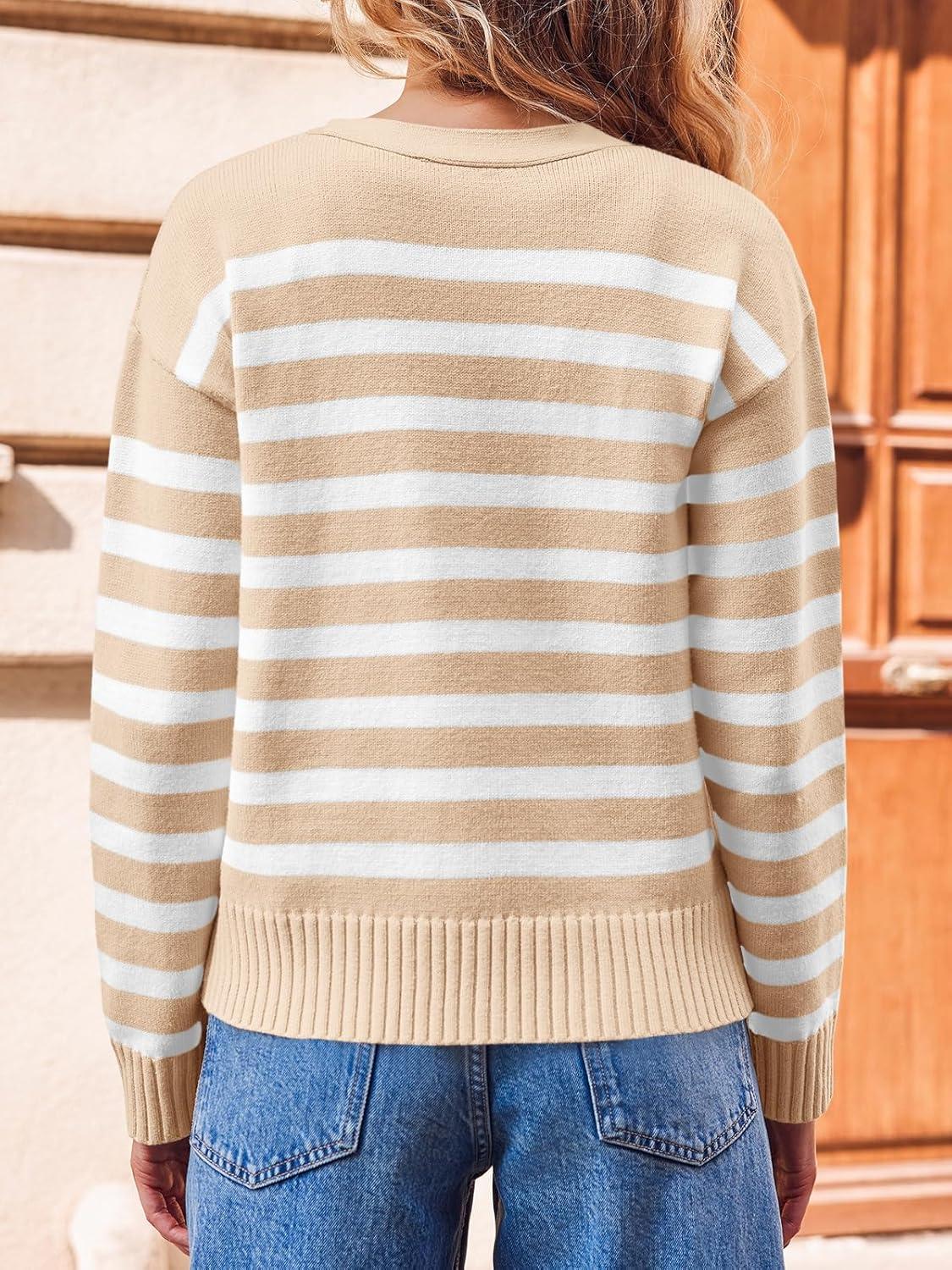 image:imageSaodimallsu Womens Striped Cardigan Sweaters V Neck Button Down Long Sleeve Open Front Ribbed Knit OuterwearKhaki