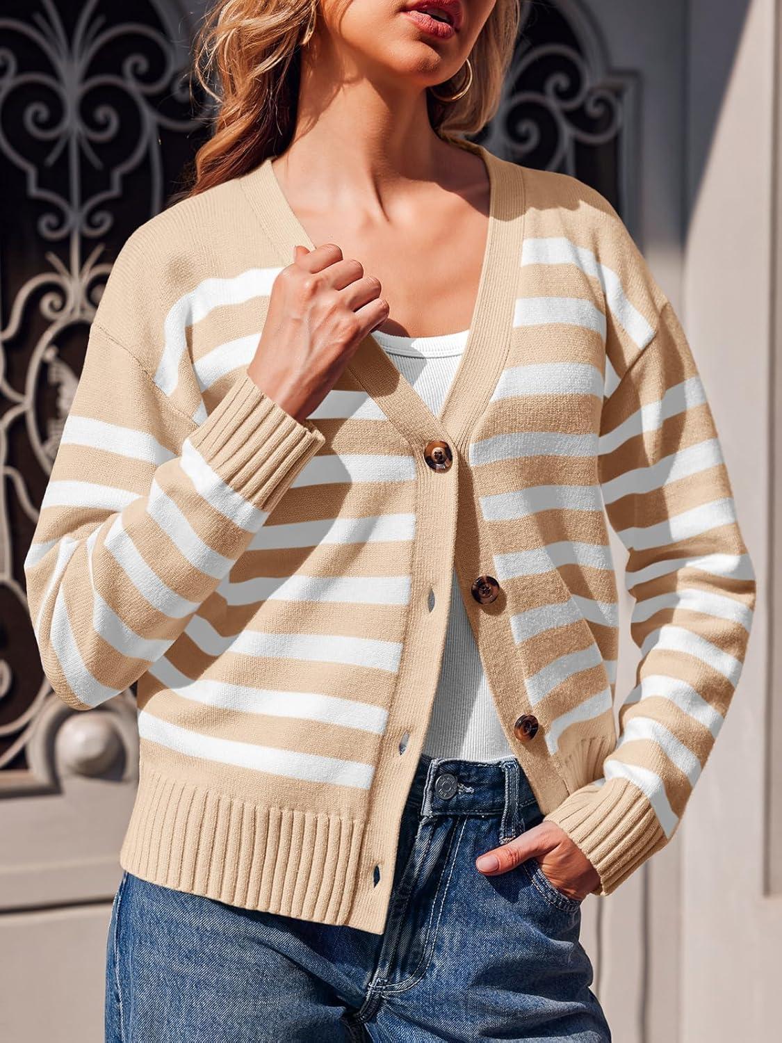 image:imageSaodimallsu Womens Striped Cardigan Sweaters V Neck Button Down Long Sleeve Open Front Ribbed Knit OuterwearKhaki
