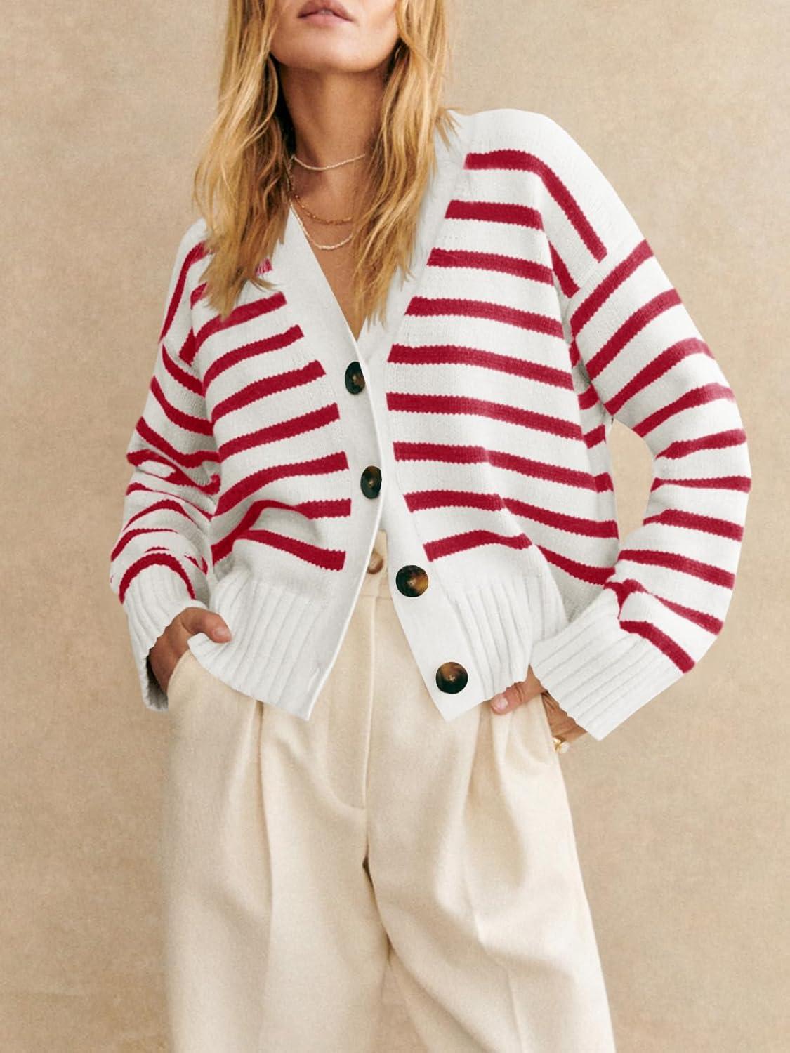 image:imageSaodimallsu Womens Striped Cardigan Sweaters V Neck Button Down Long Sleeve Open Front Ribbed Knit OuterwearRed