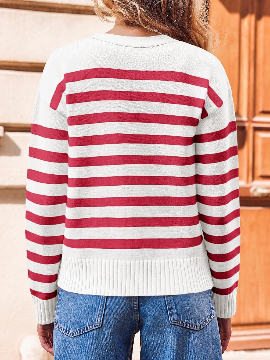 image:imageSaodimallsu Womens Striped Cardigan Sweaters V Neck Button Down Long Sleeve Open Front Ribbed Knit OuterwearRed