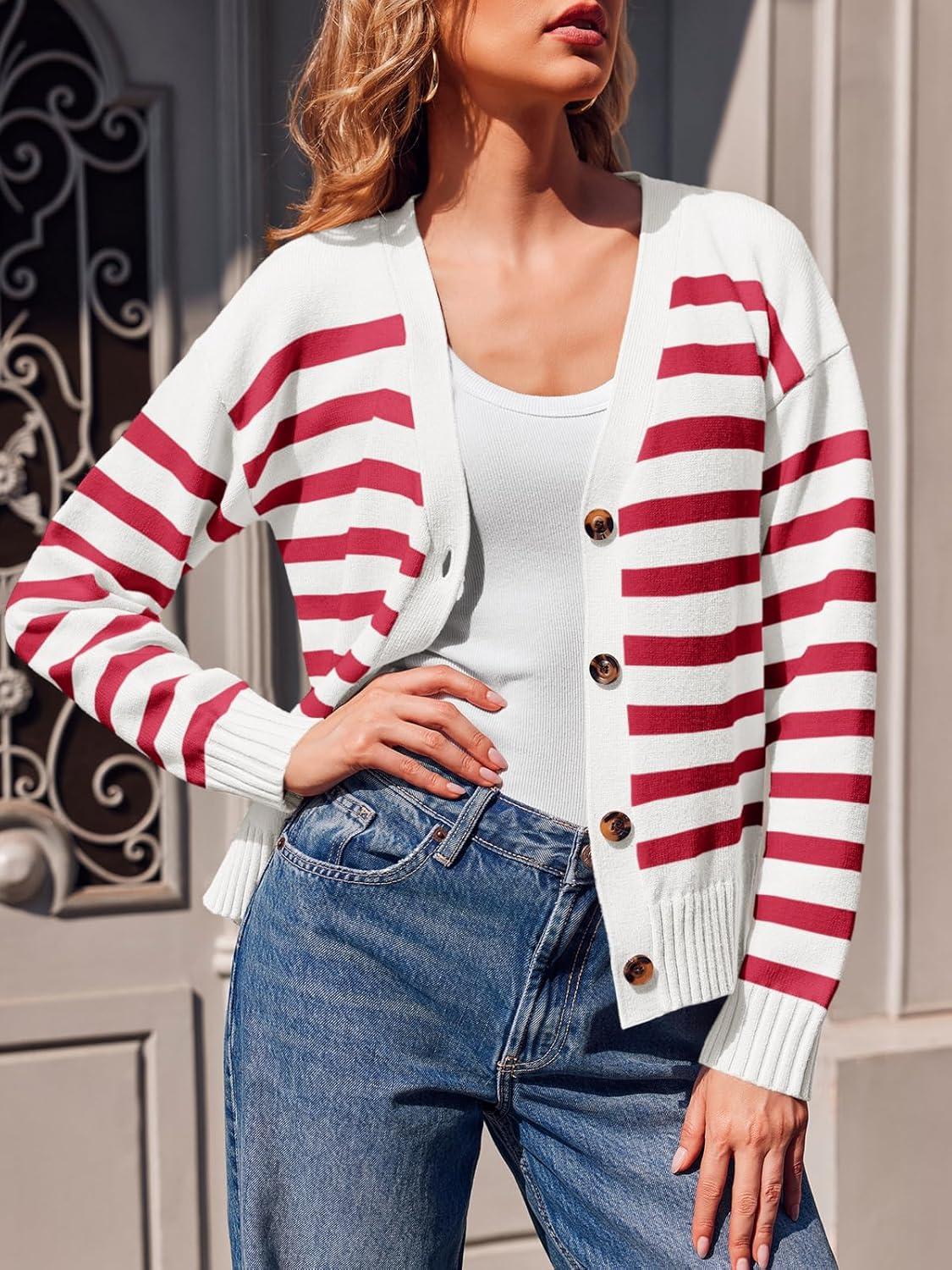 image:imageSaodimallsu Womens Striped Cardigan Sweaters V Neck Button Down Long Sleeve Open Front Ribbed Knit OuterwearRed