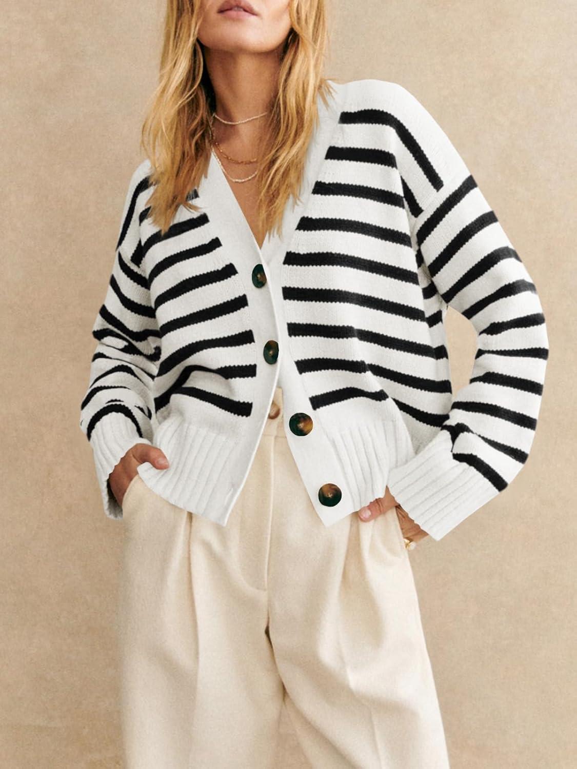 image:imageSaodimallsu Womens Striped Cardigan Sweaters V Neck Button Down Long Sleeve Open Front Ribbed Knit OuterwearWhite